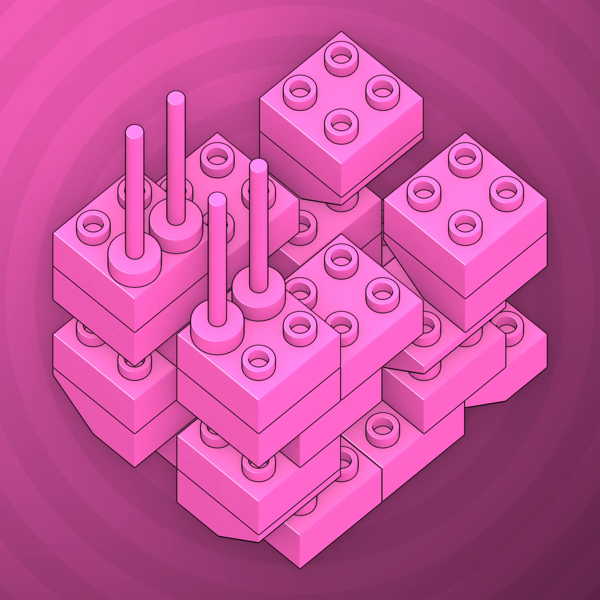 The project focuses on how easily one assigns meaning to seemingly random combinations of blocks, giving them personality and creating emotional connections.

I was inspired by Ringers, in which people see animals and other characters. I wanted to amplify this quality, and the idea of sculptures made of blocks clicked! Endless combinations, funny characters, and my passion for cubes, voxels, and modular systems.

To make the sculptures, I used technique of hybrid voxel raymarching, so we can say, the sculptures are made of colored void in a reflected space. Some of them may seem impossible due to the lack of perspective, but sooner or later it all clicks! It helps to keep in mind that all shapes are symmetrical.

The script uses modern features of GPU so it's supposed to work only on desktop: Chrome, Firefox or Safari