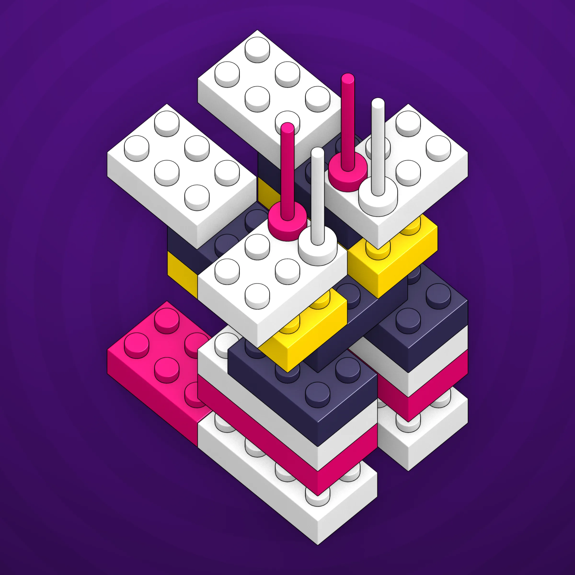 The project focuses on how easily one assigns meaning to seemingly random combinations of blocks, giving them personality and creating emotional connections.

I was inspired by Ringers, in which people see animals and other characters. I wanted to amplify this quality, and the idea of sculptures made of blocks clicked! Endless combinations, funny characters, and my passion for cubes, voxels, and modular systems.

To make the sculptures, I used technique of hybrid voxel raymarching, so we can say, the sculptures are made of colored void in a reflected space. Some of them may seem impossible due to the lack of perspective, but sooner or later it all clicks! It helps to keep in mind that all shapes are symmetrical.

The script uses modern features of GPU so it's supposed to work only on desktop: Chrome, Firefox or Safari