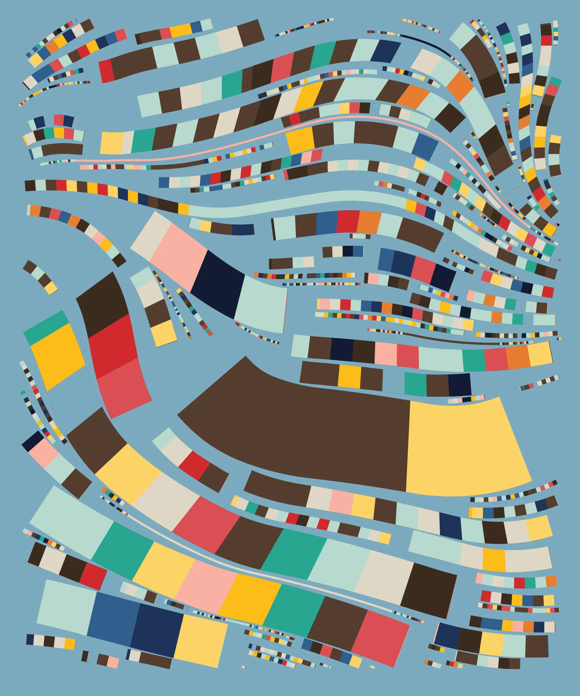 Fidenza is by far my most versatile algorithm to date. Although the program stays focused on structured curves and blocks, the varieties of scale, organization, texture, and color usage it can employ create a wide array of generative possibilities.