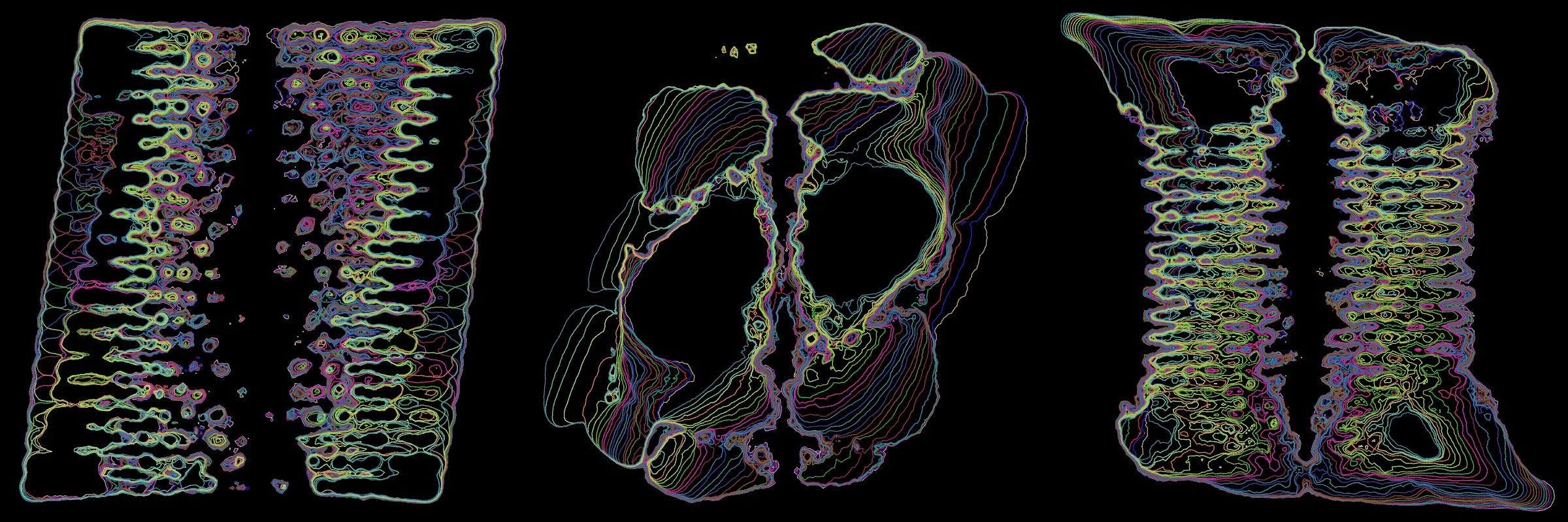 Primordial presents forms as diverse as those found in the natural world. The emergent system powering Primordial is capable of generating this diversity but is hard to control. After the initial generation there is a curation step; forms must meet certain criteria or the algorithm replaces them.

The forms produced by Primordial are presented in a triptych, as comparing multiple outputs is fundamental to understanding a generative algorithm. Primordial attempts to generate triptychs where the individual forms are related, and the results can be surprisingly harmonious or discordant.

Once the triptych is finalized, click on one of the forms to redraw a previous image. Press s to save the entire triptych, or 1-3 to save an individual image.