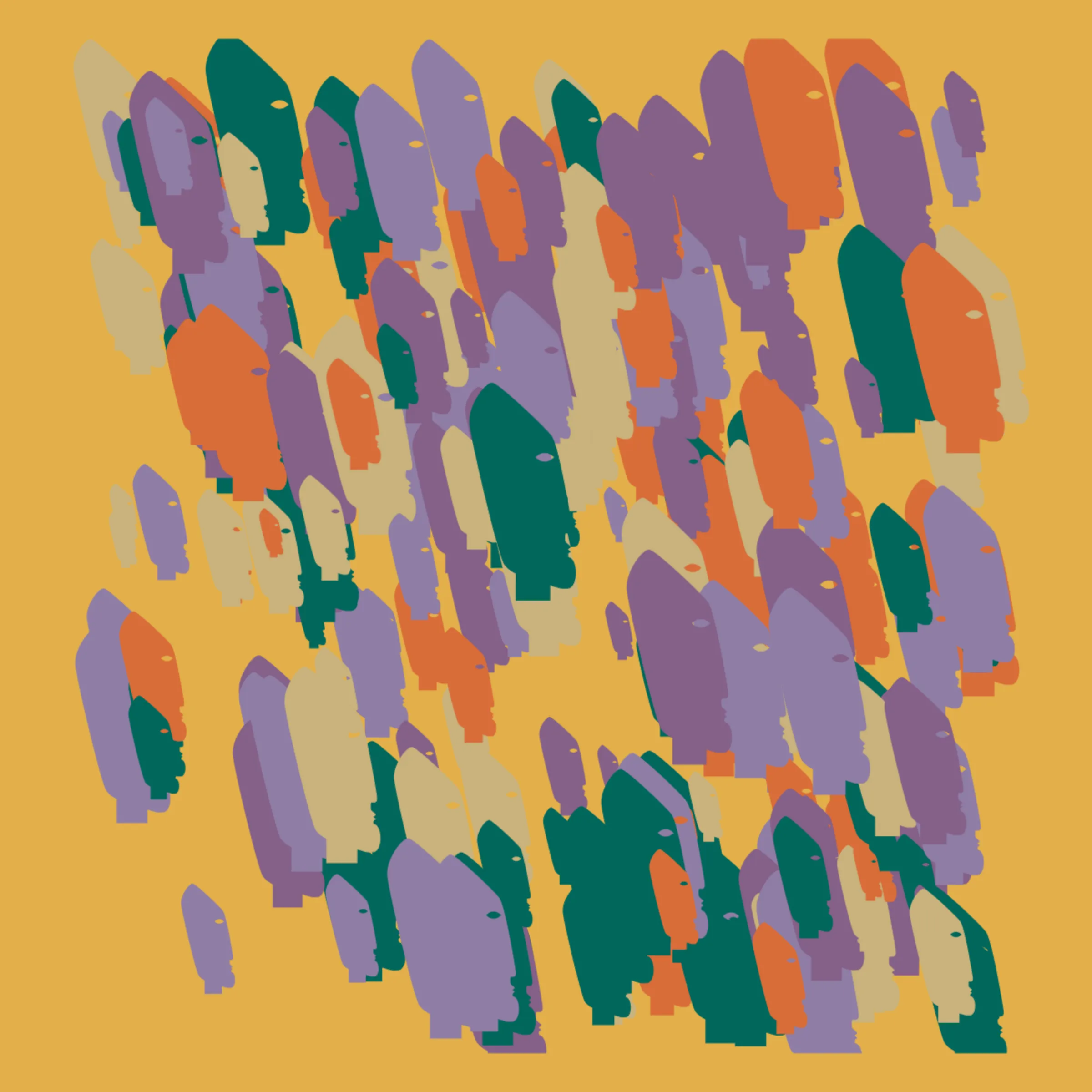 Faceless is inspired by the refugee and immigrant experience. It pays homage to the individuals that have helped over 25 million refugees flee their homeland to find peace and safety elsewhere. Oftentimes, as was the case with my family, it takes the bravery and generosity of a community of individuals, some whose faces will never be known to you, to have the opportunity to reach true freedom and safety. Faceless aspires to share a story of displacement and resilience with the world, and, in turn, give back to the communities that help people in their most critical moments.

Focusing on 2D silhouettes, Faceless is inspired by the Bauhaus designs of the 1920s and illustrates raw human form in a reimagined, colorful, and familiar way. Each output includes faces that are uniquely mapped onto the canvas, meaning no two works will feature the exact same silhouette. Silhouettes are arranged, colored, scaled, and distorted to remind us of the diversity, beauty, and pain that can be found in each unique story.