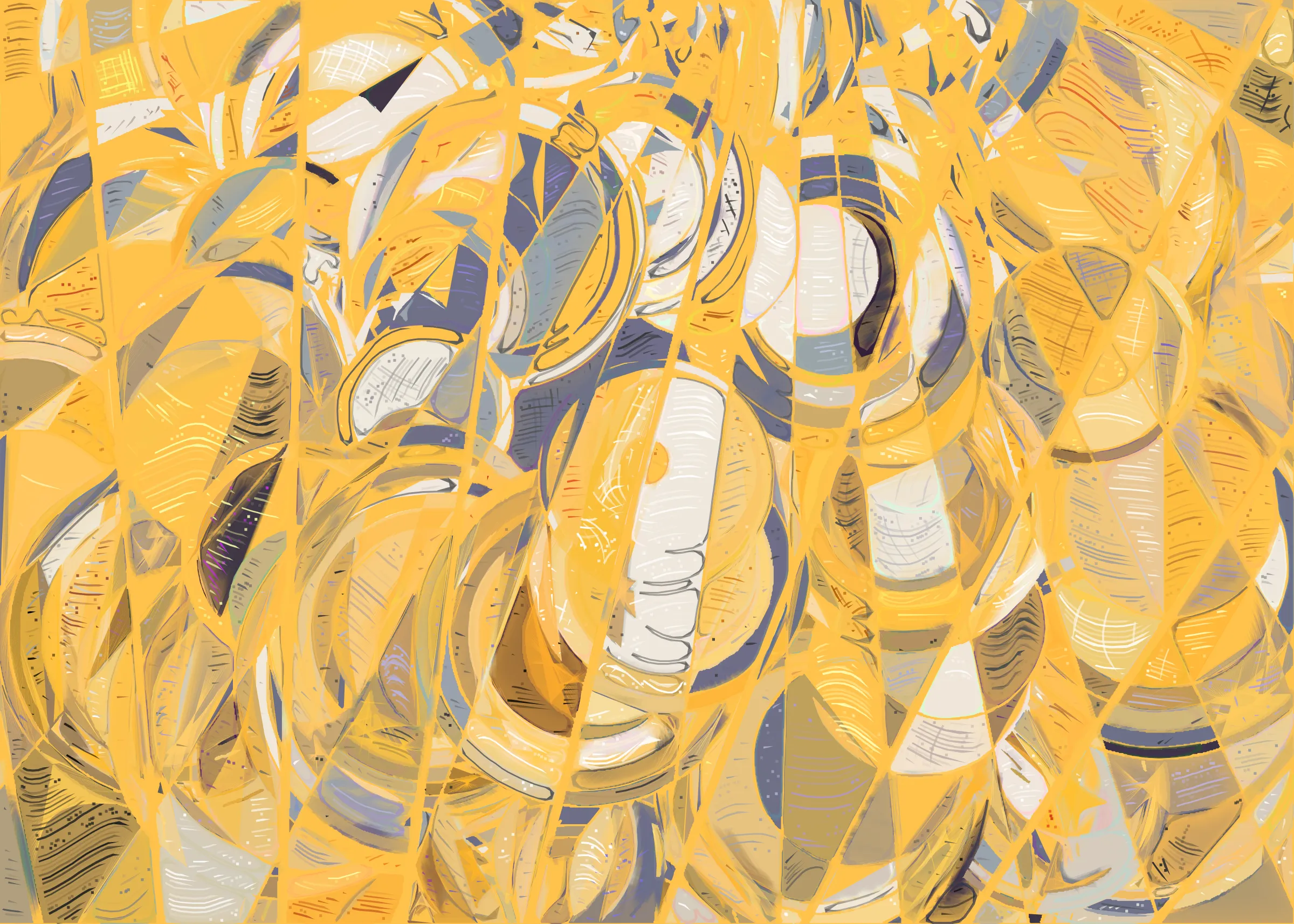 **Running Moon** depicts the nuanced interaction between clouds and moonlight. It is a search for boundaries between structure and fluidity, precision and errors. It is a quest for harmony. 

The rendering of **Running Moon** is inspired by stained glass and watercolor. It captures the sharpness of the glass and the softness of light using abstract forms. As organic shapes gradually expand to fill the space, brush-pen-like stripes solder these pieces together to form intricate compositions.