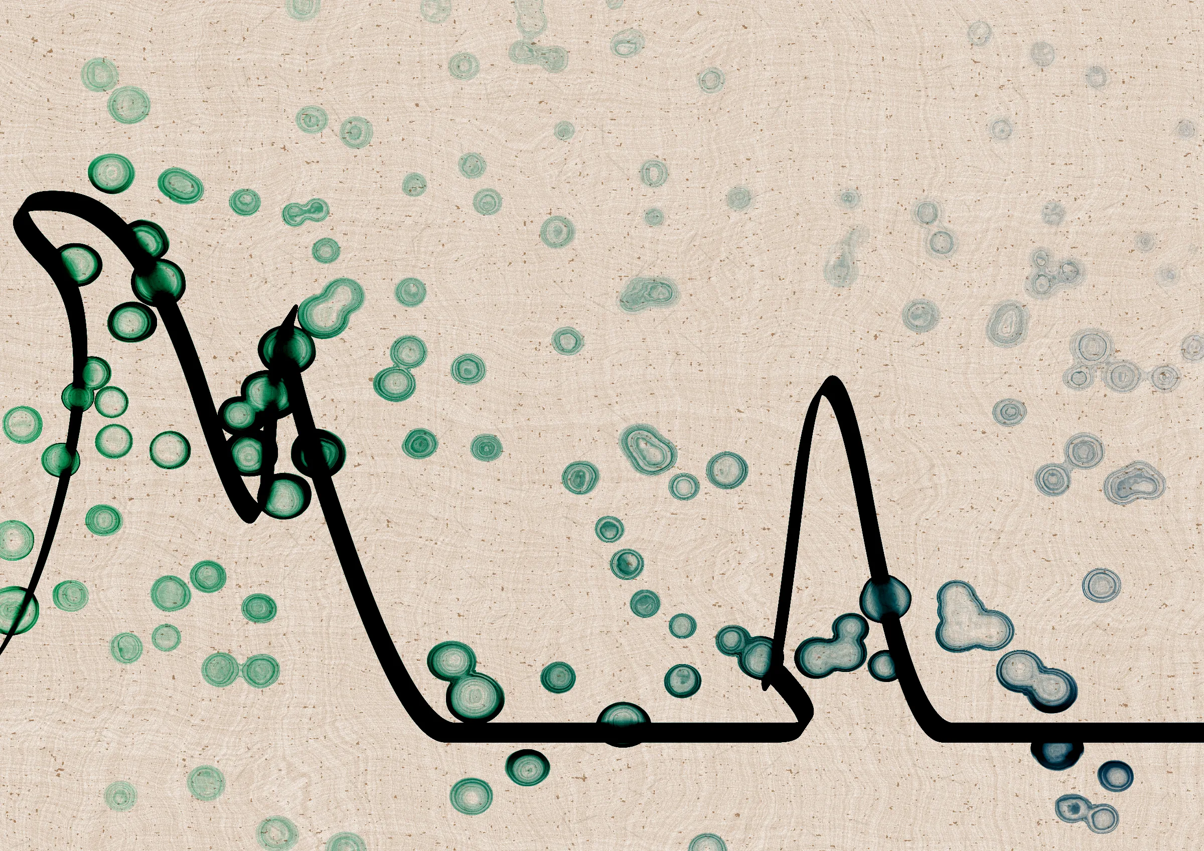 Sudfah (Arabic for "happy accident") is a generative collection celebrating the beauty that can emerge from chaos, mistakes, and accidents.

A single calligraphic line intends to tell one story (sometimes wandering and confused in its own right, but always meandering from one side to the other).

Digital liquid is spilled upon it and takes the ink in directions that are unexpected, uncontrolled, and tell a much more interesting story than the one the line intended.... and often more beautiful.