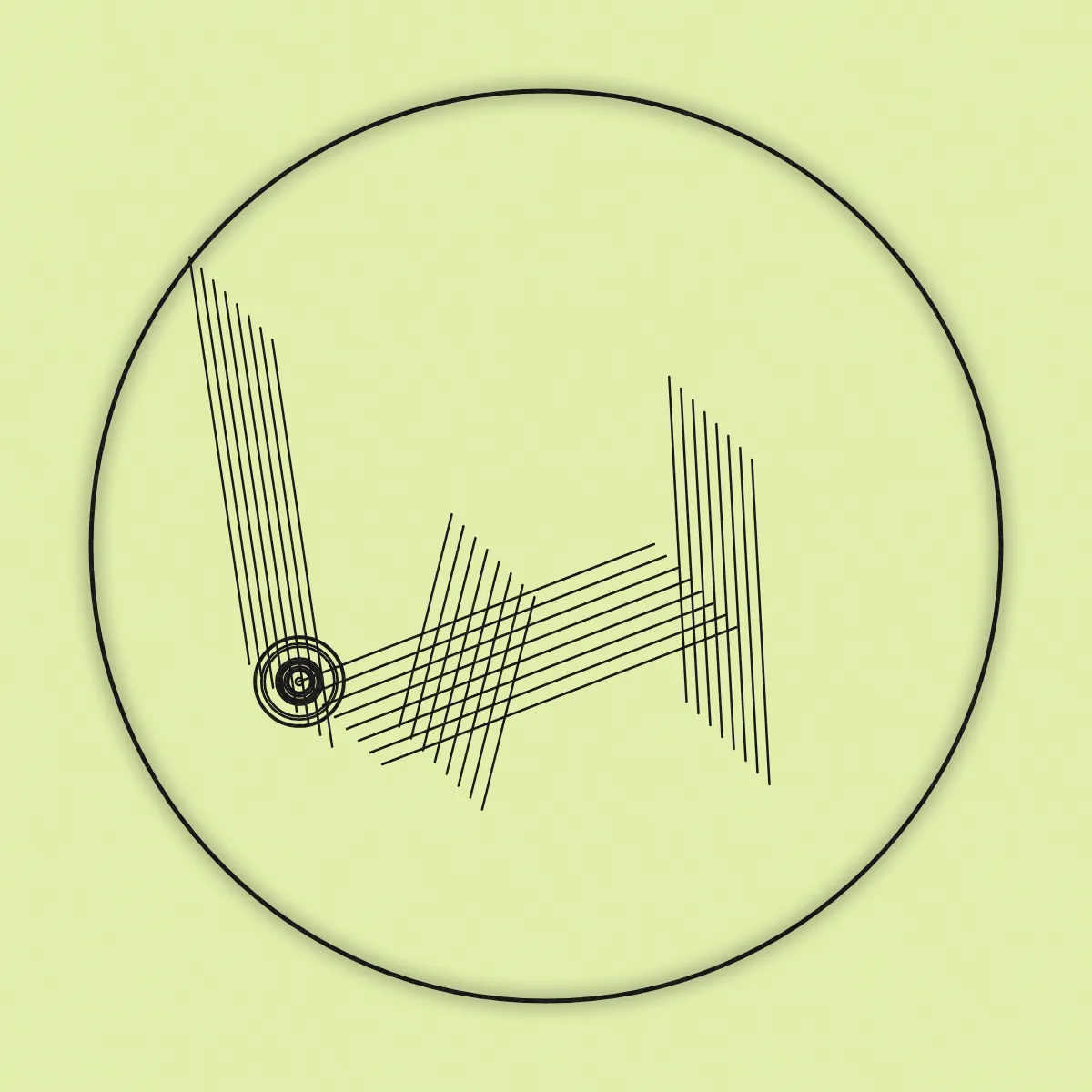 A study in reduction based around several repeating elements. A unique hash string seeded within each token informs the composition of the work. Variables include the color of the background, the amount of times each of the elements are duplicated, the set distance between each duplicate, and the coordinates of each element. Each token is unique.