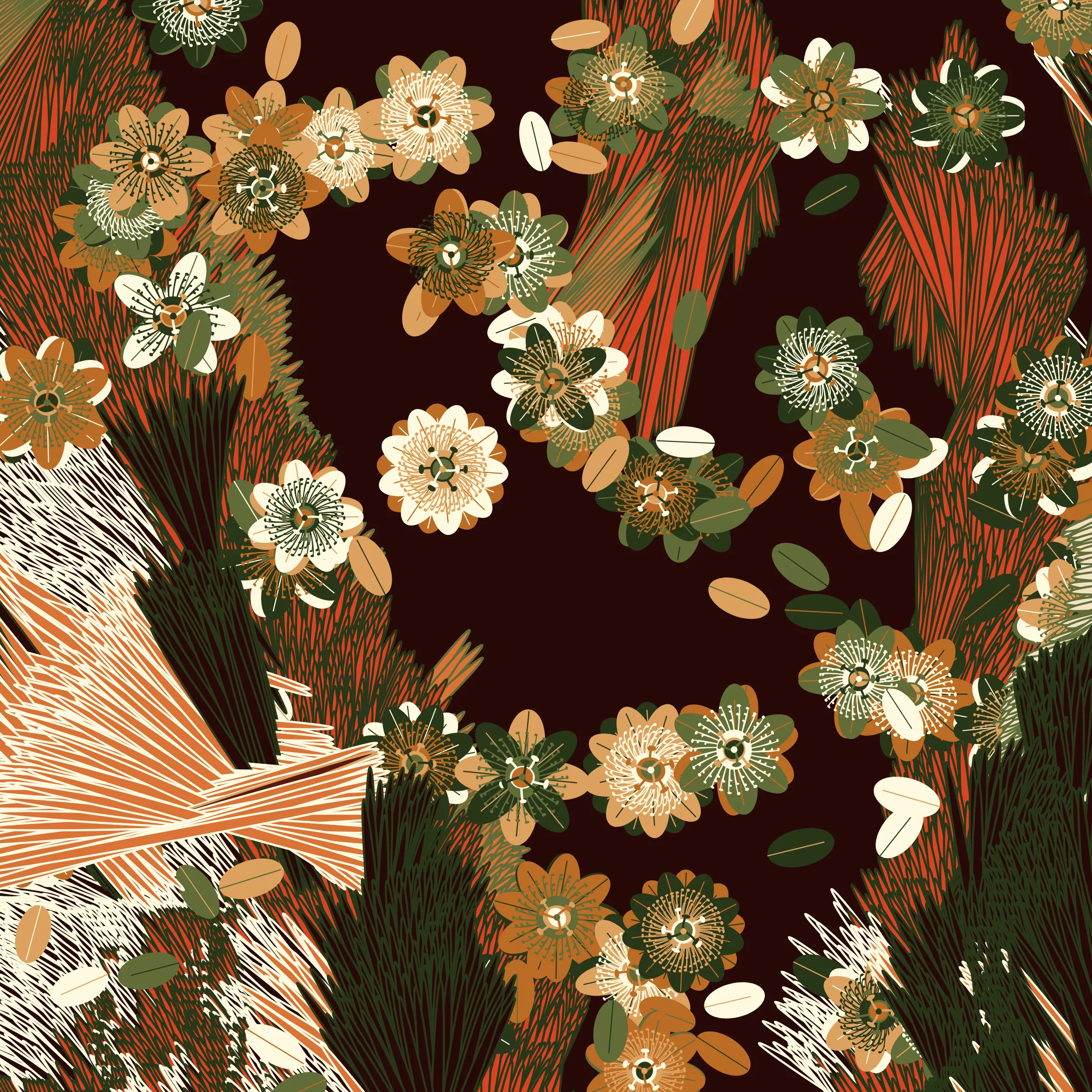 “Fragments of an infinite field” is a compositional system in which an idealized plant species is generated and arranged in a potentially infinite field of foliage. The main environmental parameter of the composition is the determination of a season of the year. The season determines the landscape’s colors and defines specific phenomena for each of them, such as rain in summer, snow in winter, petals falling in autumn, and pollen in spring. The flower has several possible variables, which can be macro aspects, affecting the entire population of the species, or micro, affecting each individual of the species differently. For example, the number of petals can be equal in all individuals or not. The number of filaments and other structures of the flower can undergo minor deviations, generating small mutations. The confusion between the figure (plant) and the background (earth, sky, other natural elements) is fascinating from a compositional point of view. The background colors are, most of the time, colors present in the figures, often breaking the boundary between them and, therefore, generating chromatic masses. In this project I also intend to research the following question: How to create parameters that resemble a living organism's growth? In this sense, the project approaches digital morphogenesis and the development of procedural organisms.