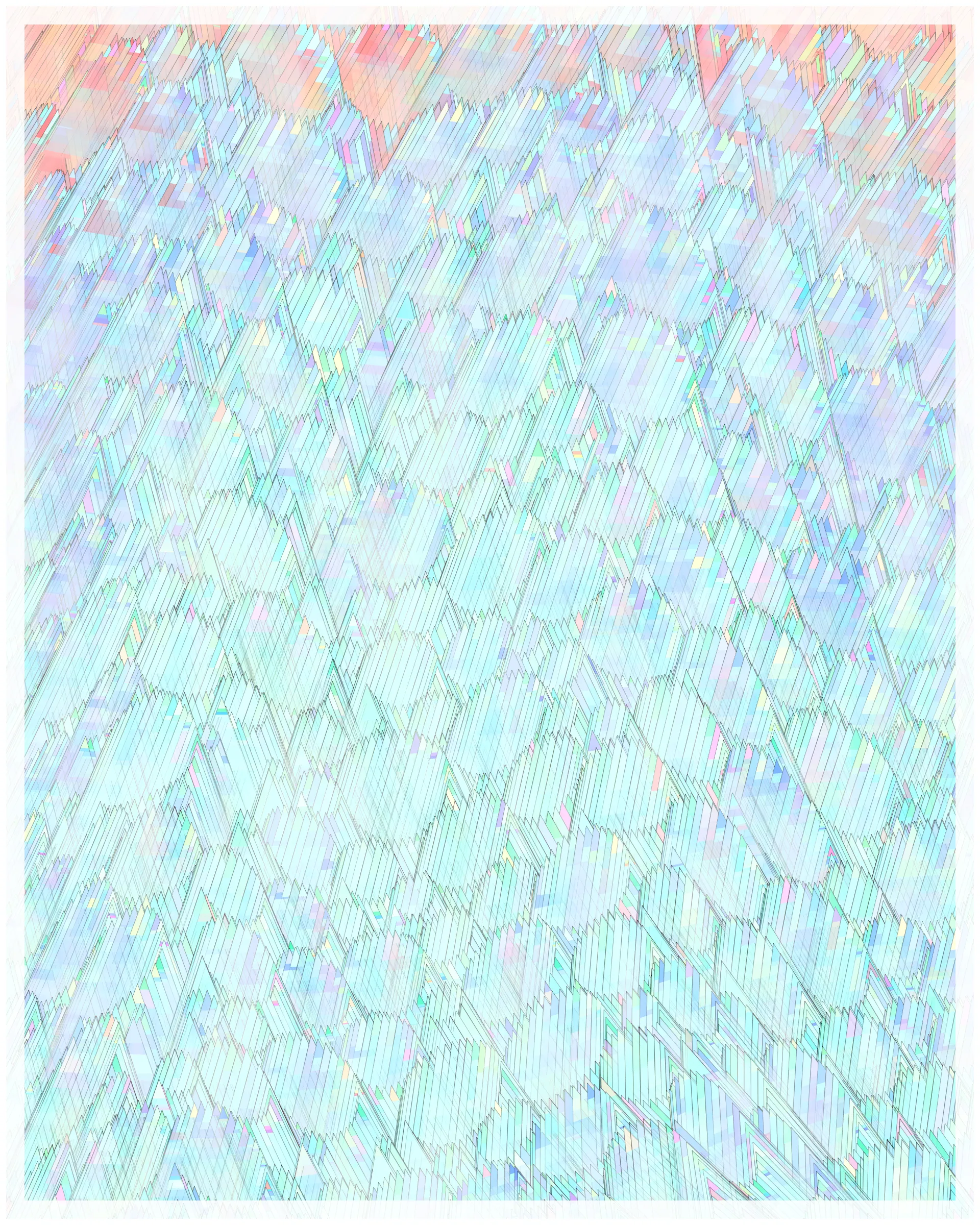 _There are no artifacts. There are only interpretations._

Glass is about the illusion of simplicity that cocoons us in our everyday existence. A glance at Glass may suggest a foam of bubbles or pebbles under clear water. But on inspection, these simple pictures dissolve. Instead of disks one finds stacked panes of translucent glass, intersecting and overlapping. There is dissonance between fine-scale chaos and the harmony of the aggregate. In Glass, two levels of reality -- panes of glass and the foam of bubbles -- are brought close together in scale, so that our oversimplified impression yields a palpable disquiet.

What appears simple is often anything but. Consider a standard wooden desk. To our eyes, it looks solid and continuous, but we know that it is made of atoms, tiny electrons orbiting nuclei. And these subatomic particles are themselves not like miniature solar systems, but creatures of quantum mechanics, stranger than we can imagine. The vast difference in scale between the atomic and the macroscopic hides this complex reality, but fundamentally it is the same phenomenon shown here.

Glass continues my exploration of emergence. While in previous work I explored how simple systems can create complex, emergent forms, here the interest is in the converse: how coherence is often deceptive, masking a complex underlying reality.

Glass draws on the aesthetic of Shin Hanga artists Hiroshi Yoshida and Kawase Hasui, and abstract expressionist Sonja Sekula. In live view, Glass has ambient motion: the shadows evolve, imperceptibly slowly.

The following variations & controls are possible. You may need to click on the canvas before they are active. For a high-resolution output, use the pixel density controls. For example, on a standard laptop, an image saved at pixel density 5 will be approximately 3200 x 4000 pixels, and therefore suitable for printing at ~ 11" x 13" at 300 dpi.

Variations (require redrawing):

f -- fit-to-screen on/off
o -- outline on/off

Controls:

s   -- save as png
spacebar  -- pause/unpause ( useful to reduce CPU load in Live mode )
b -- border on/off ( useful for printing )
1-9  -- set pixel density (default=2 on retina displays)
+/-  -- increase/decrease pixel density