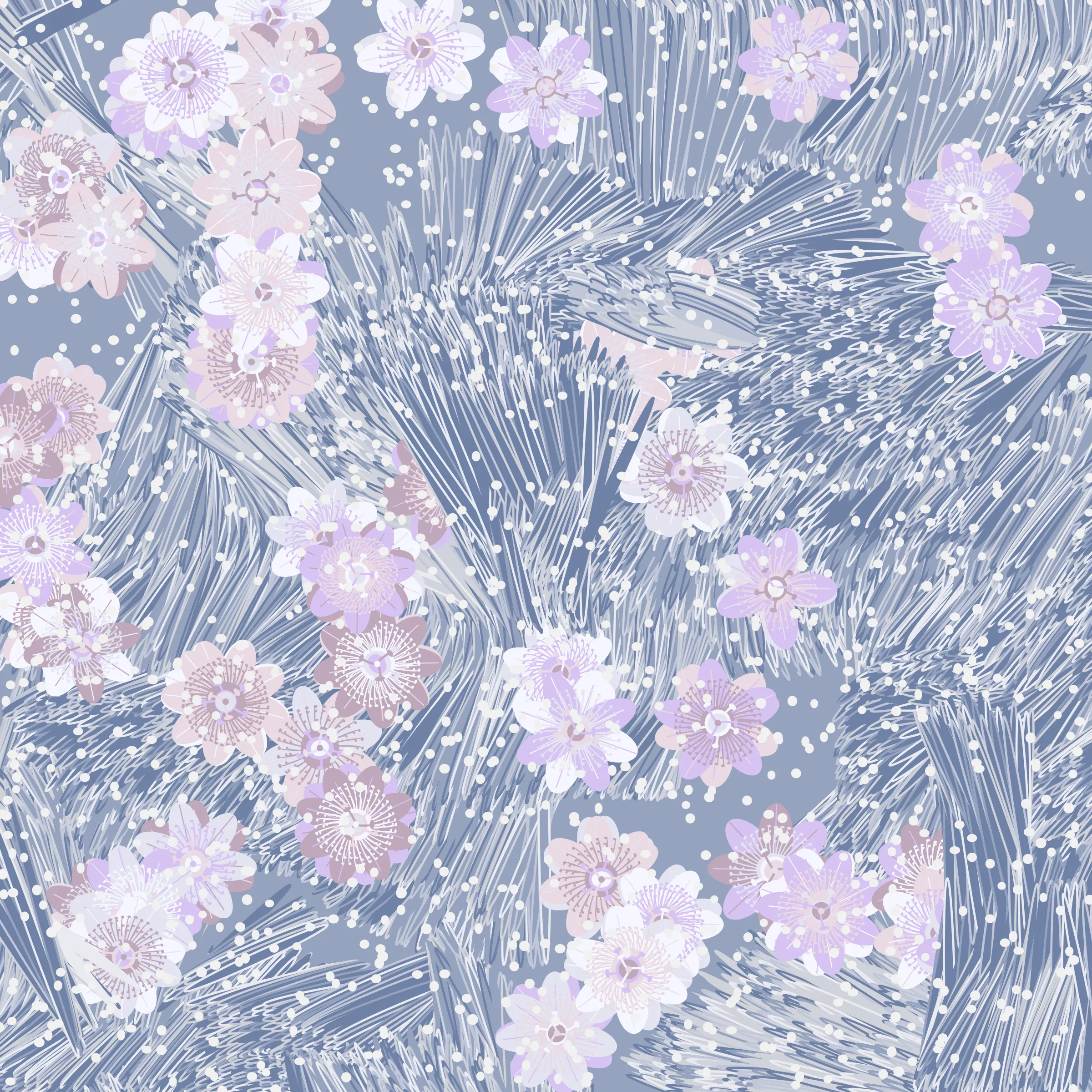 “Fragments of an infinite field” is a compositional system in which an idealized plant species is generated and arranged in a potentially infinite field of foliage. The main environmental parameter of the composition is the determination of a season of the year. The season determines the landscape’s colors and defines specific phenomena for each of them, such as rain in summer, snow in winter, petals falling in autumn, and pollen in spring. The flower has several possible variables, which can be macro aspects, affecting the entire population of the species, or micro, affecting each individual of the species differently. For example, the number of petals can be equal in all individuals or not. The number of filaments and other structures of the flower can undergo minor deviations, generating small mutations. The confusion between the figure (plant) and the background (earth, sky, other natural elements) is fascinating from a compositional point of view. The background colors are, most of the time, colors present in the figures, often breaking the boundary between them and, therefore, generating chromatic masses. In this project I also intend to research the following question: How to create parameters that resemble a living organism's growth? In this sense, the project approaches digital morphogenesis and the development of procedural organisms.