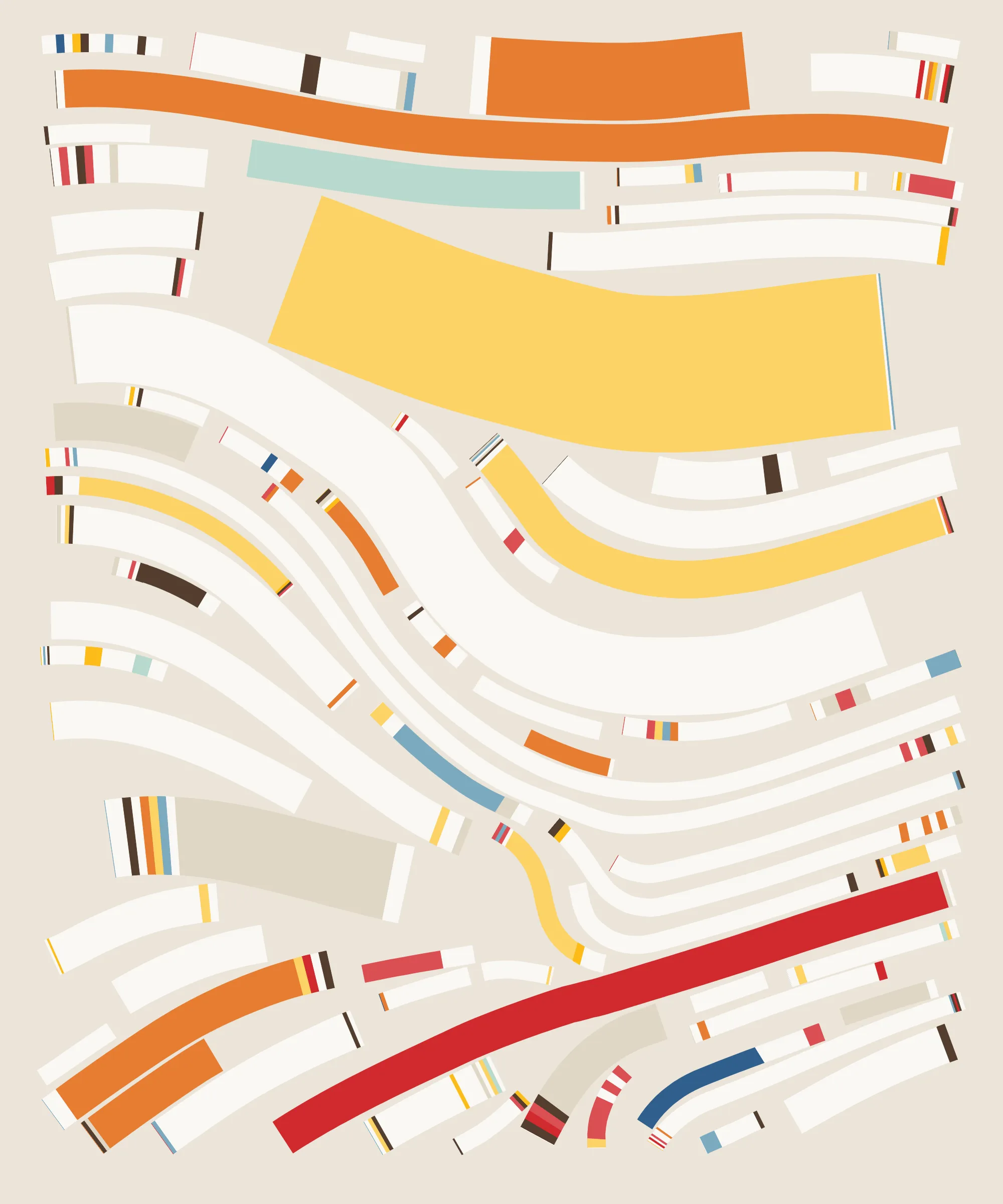 Fidenza is by far my most versatile algorithm to date. Although the program stays focused on structured curves and blocks, the varieties of scale, organization, texture, and color usage it can employ create a wide array of generative possibilities.