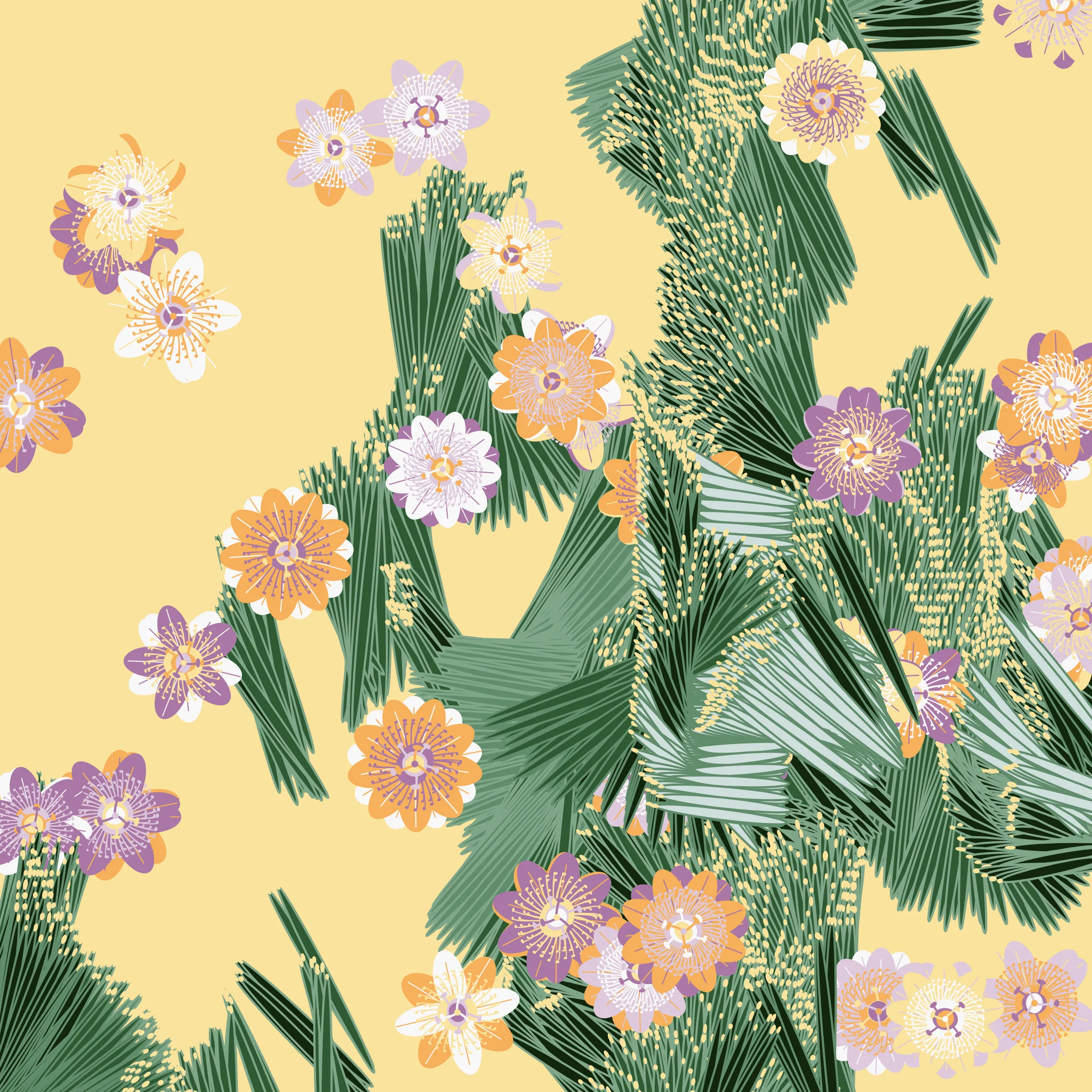 “Fragments of an infinite field” is a compositional system in which an idealized plant species is generated and arranged in a potentially infinite field of foliage. The main environmental parameter of the composition is the determination of a season of the year. The season determines the landscape’s colors and defines specific phenomena for each of them, such as rain in summer, snow in winter, petals falling in autumn, and pollen in spring. The flower has several possible variables, which can be macro aspects, affecting the entire population of the species, or micro, affecting each individual of the species differently. For example, the number of petals can be equal in all individuals or not. The number of filaments and other structures of the flower can undergo minor deviations, generating small mutations. The confusion between the figure (plant) and the background (earth, sky, other natural elements) is fascinating from a compositional point of view. The background colors are, most of the time, colors present in the figures, often breaking the boundary between them and, therefore, generating chromatic masses. In this project I also intend to research the following question: How to create parameters that resemble a living organism's growth? In this sense, the project approaches digital morphogenesis and the development of procedural organisms.