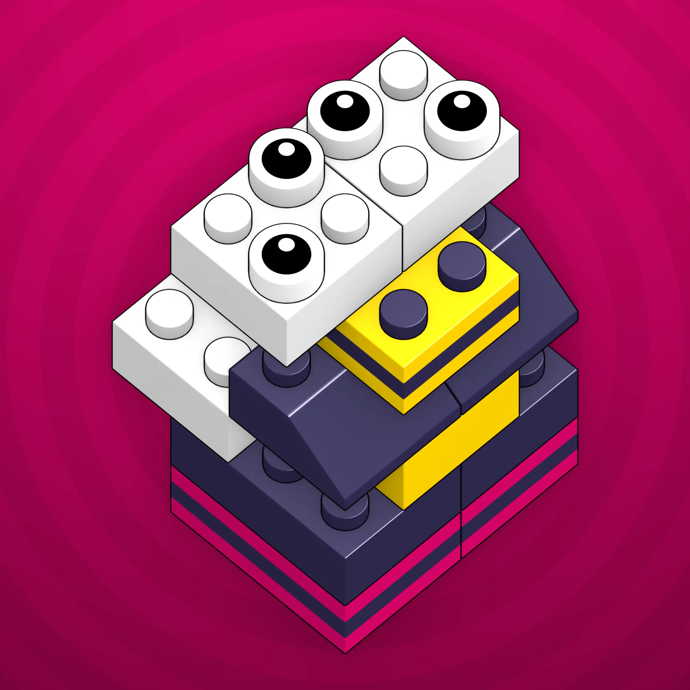 The project focuses on how easily one assigns meaning to seemingly random combinations of blocks, giving them personality and creating emotional connections.

I was inspired by Ringers, in which people see animals and other characters. I wanted to amplify this quality, and the idea of sculptures made of blocks clicked! Endless combinations, funny characters, and my passion for cubes, voxels, and modular systems.

To make the sculptures, I used technique of hybrid voxel raymarching, so we can say, the sculptures are made of colored void in a reflected space. Some of them may seem impossible due to the lack of perspective, but sooner or later it all clicks! It helps to keep in mind that all shapes are symmetrical.

The script uses modern features of GPU so it's supposed to work only on desktop: Chrome, Firefox or Safari