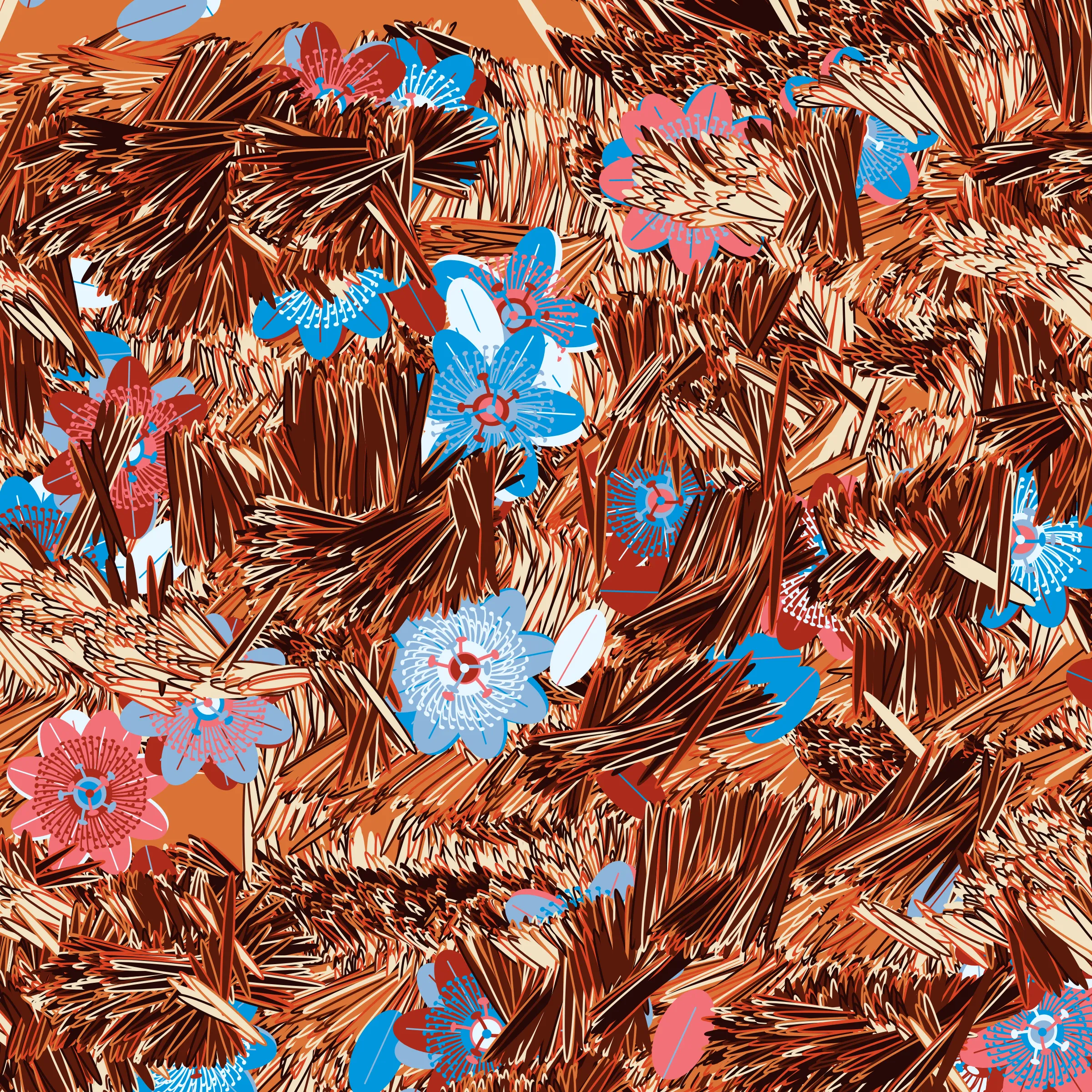 “Fragments of an infinite field” is a compositional system in which an idealized plant species is generated and arranged in a potentially infinite field of foliage. The main environmental parameter of the composition is the determination of a season of the year. The season determines the landscape’s colors and defines specific phenomena for each of them, such as rain in summer, snow in winter, petals falling in autumn, and pollen in spring. The flower has several possible variables, which can be macro aspects, affecting the entire population of the species, or micro, affecting each individual of the species differently. For example, the number of petals can be equal in all individuals or not. The number of filaments and other structures of the flower can undergo minor deviations, generating small mutations. The confusion between the figure (plant) and the background (earth, sky, other natural elements) is fascinating from a compositional point of view. The background colors are, most of the time, colors present in the figures, often breaking the boundary between them and, therefore, generating chromatic masses. In this project I also intend to research the following question: How to create parameters that resemble a living organism's growth? In this sense, the project approaches digital morphogenesis and the development of procedural organisms.