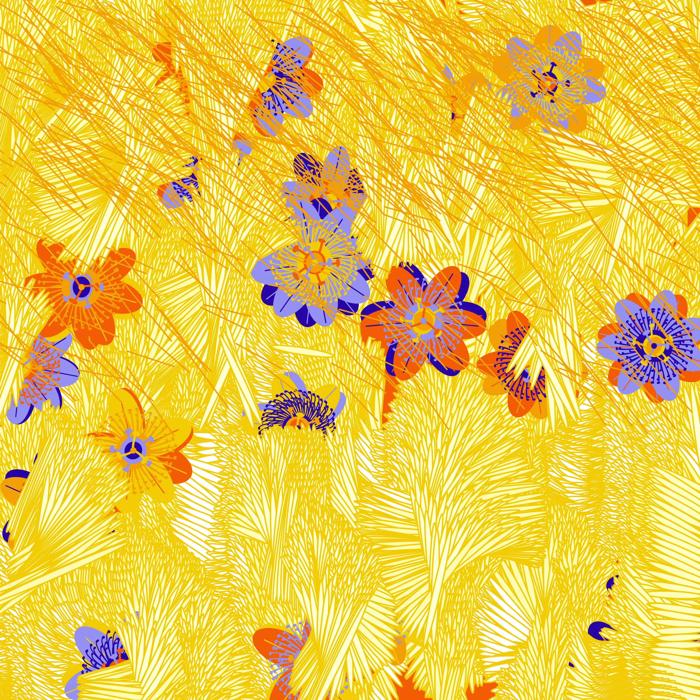 “Fragments of an infinite field” is a compositional system in which an idealized plant species is generated and arranged in a potentially infinite field of foliage. The main environmental parameter of the composition is the determination of a season of the year. The season determines the landscape’s colors and defines specific phenomena for each of them, such as rain in summer, snow in winter, petals falling in autumn, and pollen in spring. The flower has several possible variables, which can be macro aspects, affecting the entire population of the species, or micro, affecting each individual of the species differently. For example, the number of petals can be equal in all individuals or not. The number of filaments and other structures of the flower can undergo minor deviations, generating small mutations. The confusion between the figure (plant) and the background (earth, sky, other natural elements) is fascinating from a compositional point of view. The background colors are, most of the time, colors present in the figures, often breaking the boundary between them and, therefore, generating chromatic masses. In this project I also intend to research the following question: How to create parameters that resemble a living organism's growth? In this sense, the project approaches digital morphogenesis and the development of procedural organisms.
