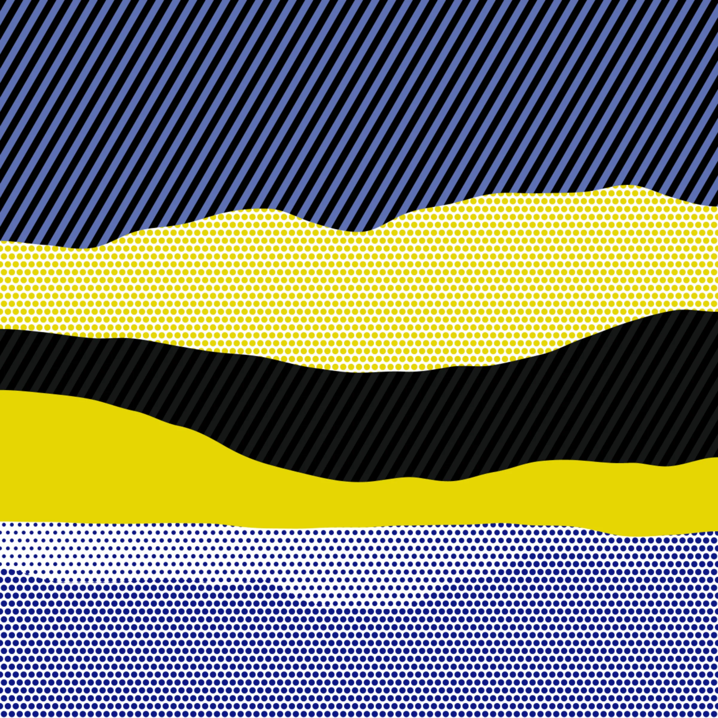 An ode to Roy Lichtenstein, incorporating his iconic version of Ben-Day dots, halftone dots, angled stripes, and solid color patches. Inspired by Roy's sea and landscape paintings, each artwork generates a unique combination of patterns, shapes, and colors.