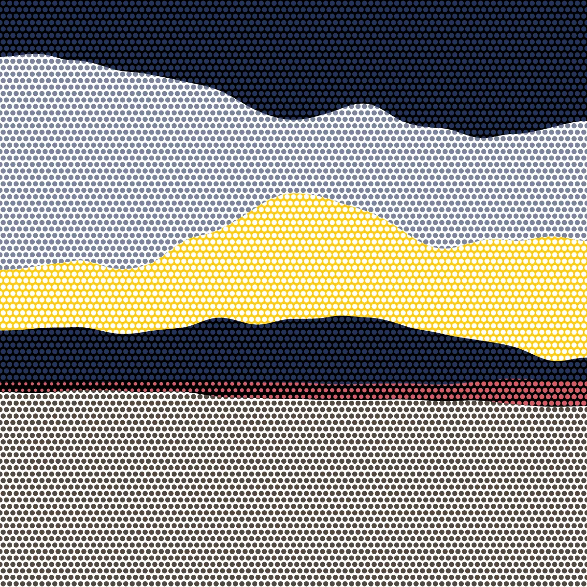 An ode to Roy Lichtenstein, incorporating his iconic version of Ben-Day dots, halftone dots, angled stripes, and solid color patches. Inspired by Roy's sea and landscape paintings, each artwork generates a unique combination of patterns, shapes, and colors.