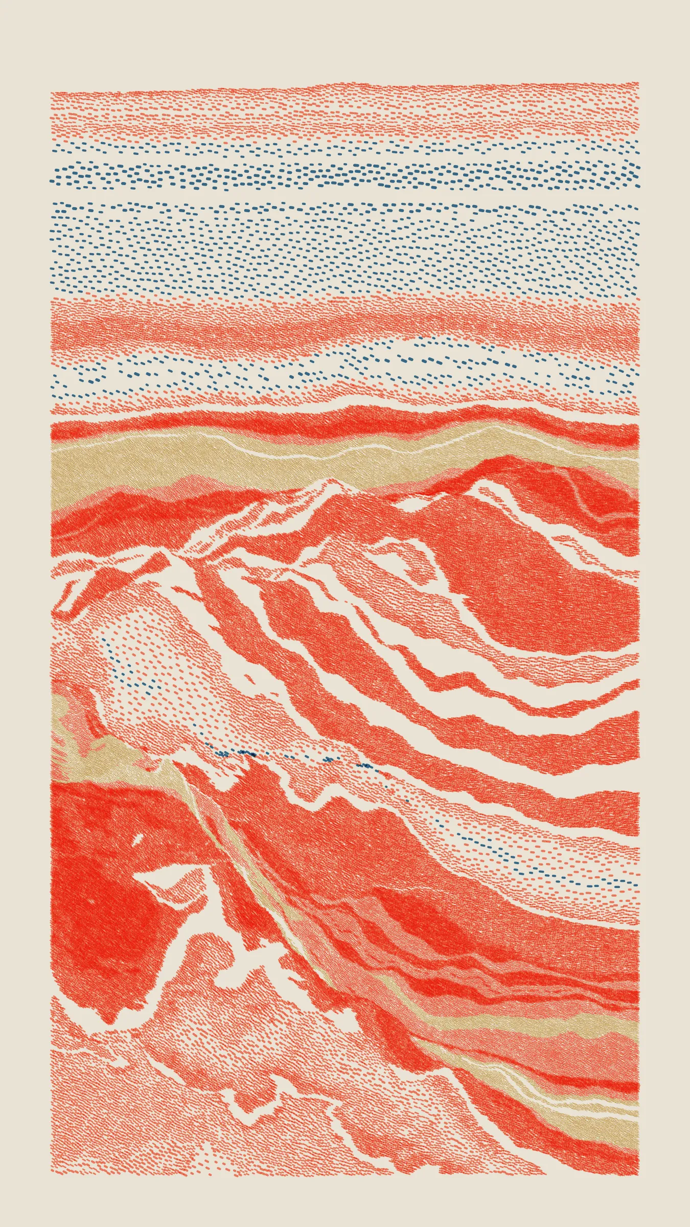 Stratified landforms constructed from many small strokes of colour. The hash of each token describes a coordinate within a multidimensional generative space, locating a unique composition that lies along one of many possible longitudes.