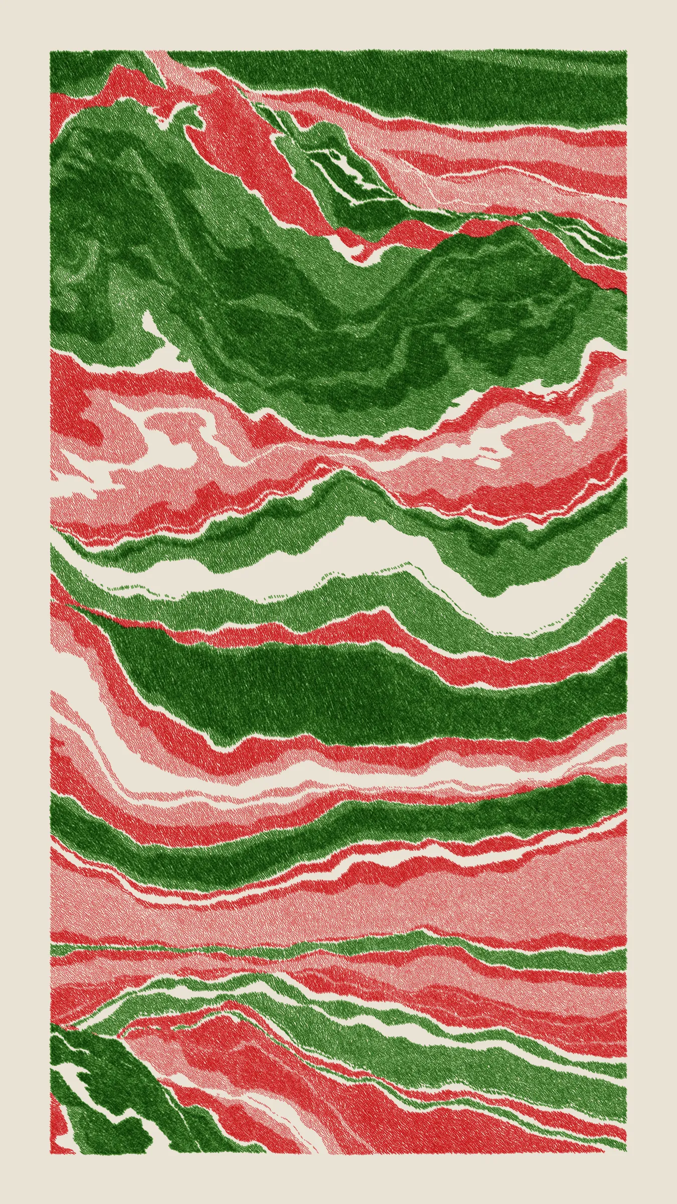 Stratified landforms constructed from many small strokes of colour. The hash of each token describes a coordinate within a multidimensional generative space, locating a unique composition that lies along one of many possible longitudes.