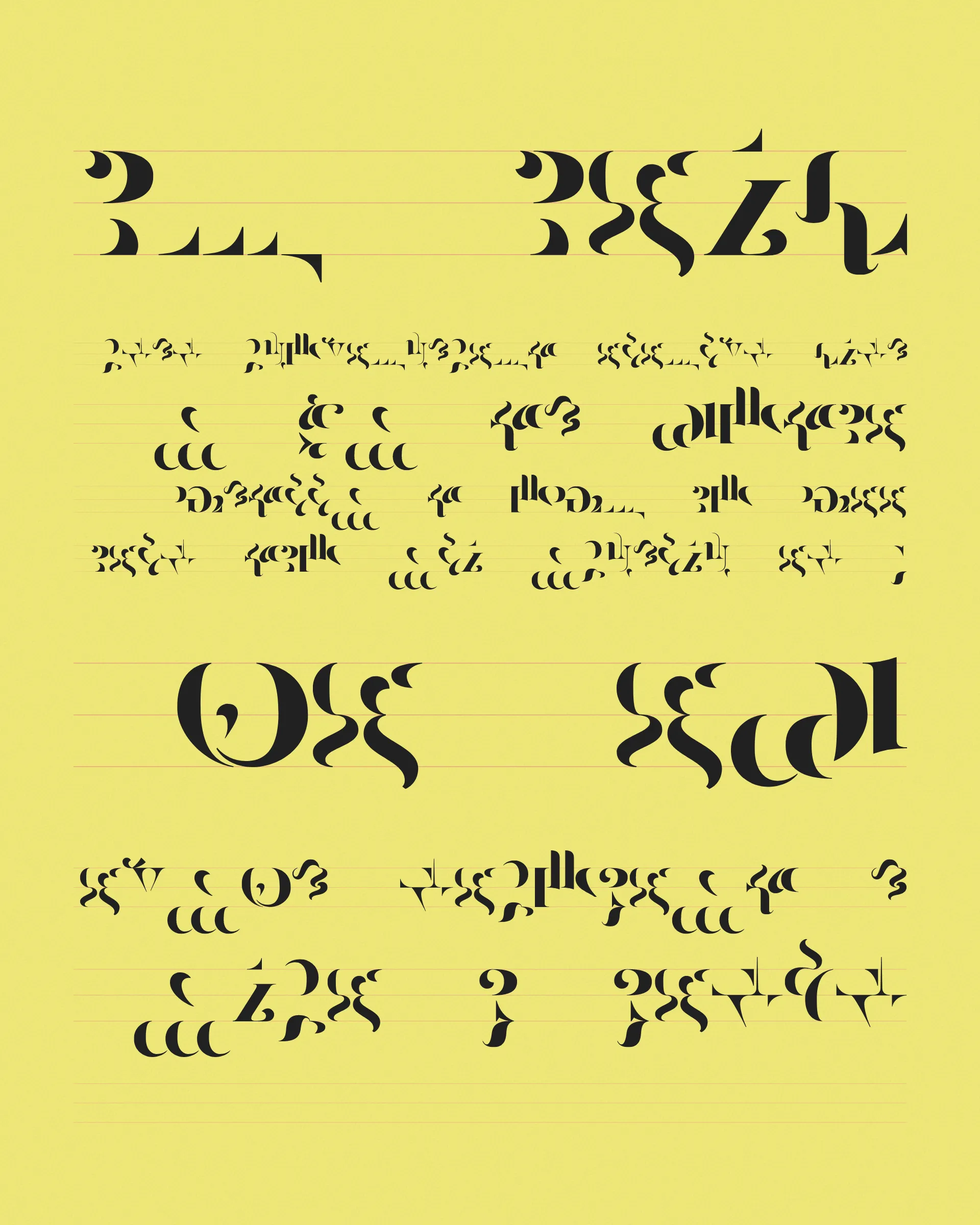 Abstract typographic elements slide together to create new characters. In some compositions, a single character is featured. In others, characters string together to form words and sentences, which the algorithm shapes into often-familiar layouts.

The type designer Gerard Unger said “it is almost impossible to look and read at the same time”. Asemica invites you to look without the burden of legibility.

Created by Emily Edelman, Dima Ofman, and Andrew Badr. Command-S to download a vector file. Live token best viewed in Chrome.