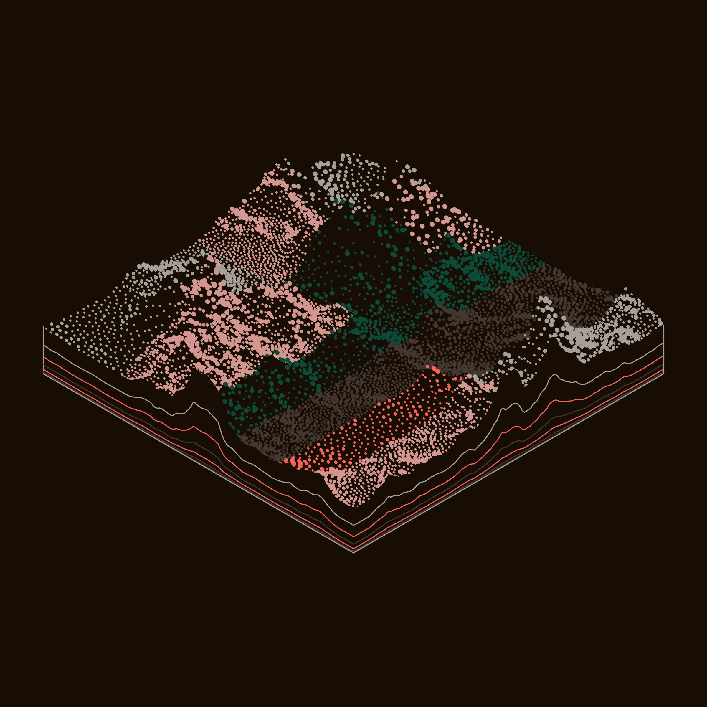 A generative algorithm that draws the impression of a landscape from a multitude of possibilities. The unique seed from each token drives the parametric assortment of lines, colors, and forms into a constructed composition.