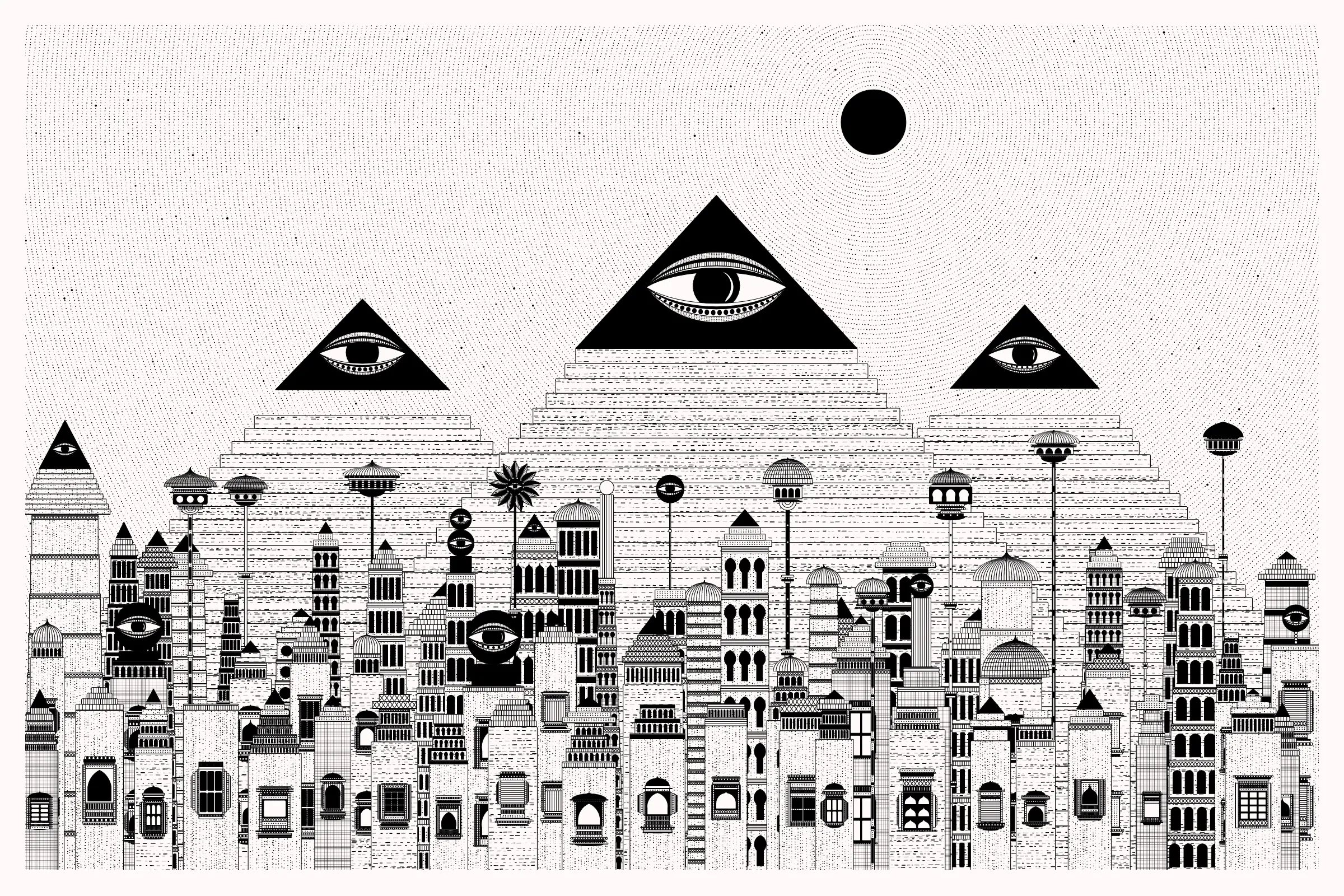 _Alan Ki Aankhen_ is an exploration of other-worldly cityscapes in the visual aesthetic of Fahad’s distinct style with pen and paper. The title, translated as _Alan’s Eyes_, alludes to Alan Turing’s machine intelligence test - a thought experiment foreshadowing a moment in which we can no longer differentiate between the real and the artificial. Though first proposed in 1950, the topic feels especially relevant today, as even our creative practices are being carried by shifting technological tides.

The algorithms and decision-making encoded into this generative art project intentionally imitate Fahad’s approach on traditional mediums - composition rules, textures, and overall themes. The visual elements are inspired by Fahad’s memories from his nomadic life. You’ll find intricate windows from Rajasthan, massive Egyptian pyramids rising from the horizon, a density of civilization only seen in New York, and the moon - a comforting and shared sight no matter where you stand.