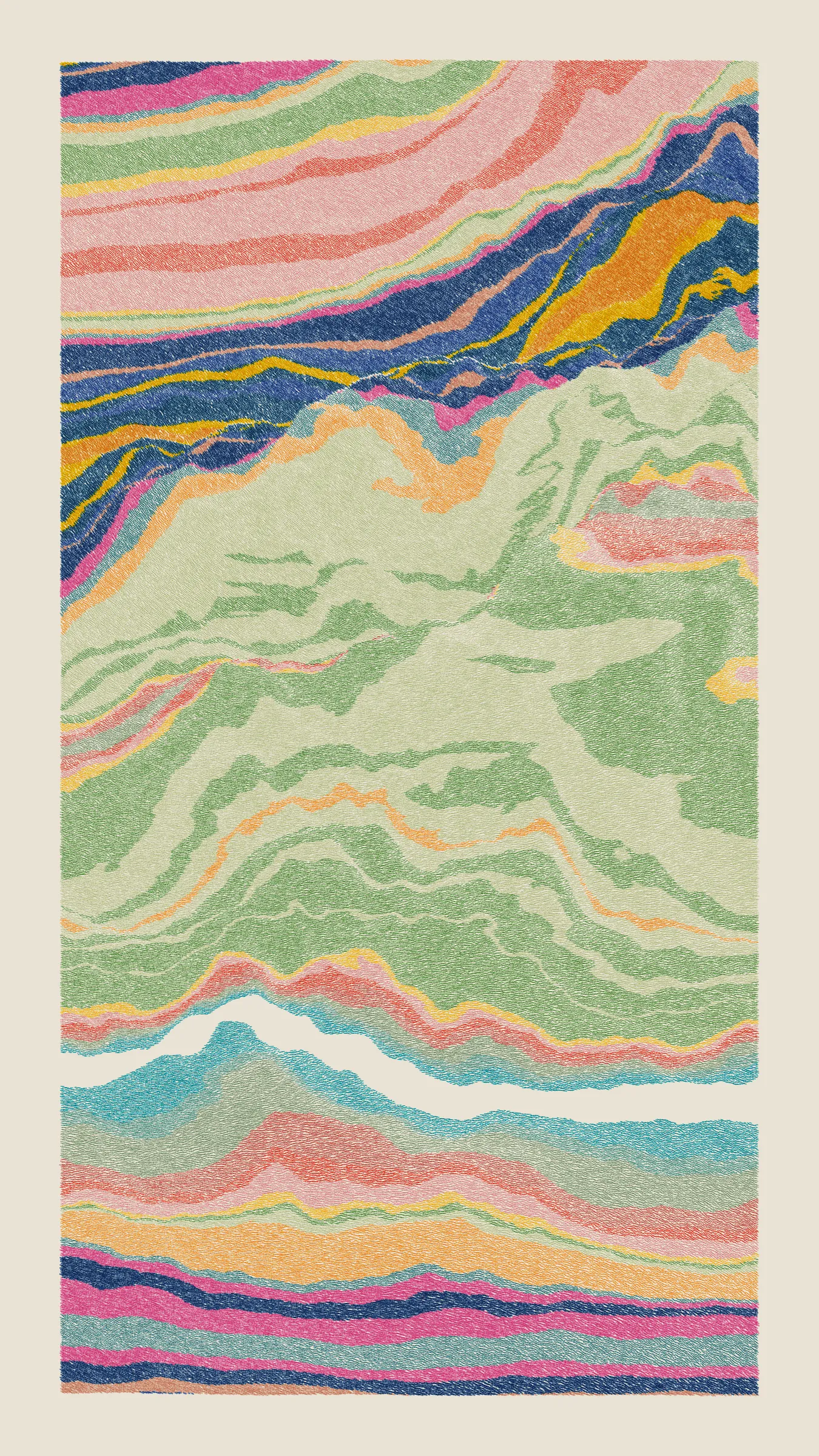 Stratified landforms constructed from many small strokes of colour. The hash of each token describes a coordinate within a multidimensional generative space, locating a unique composition that lies along one of many possible longitudes.