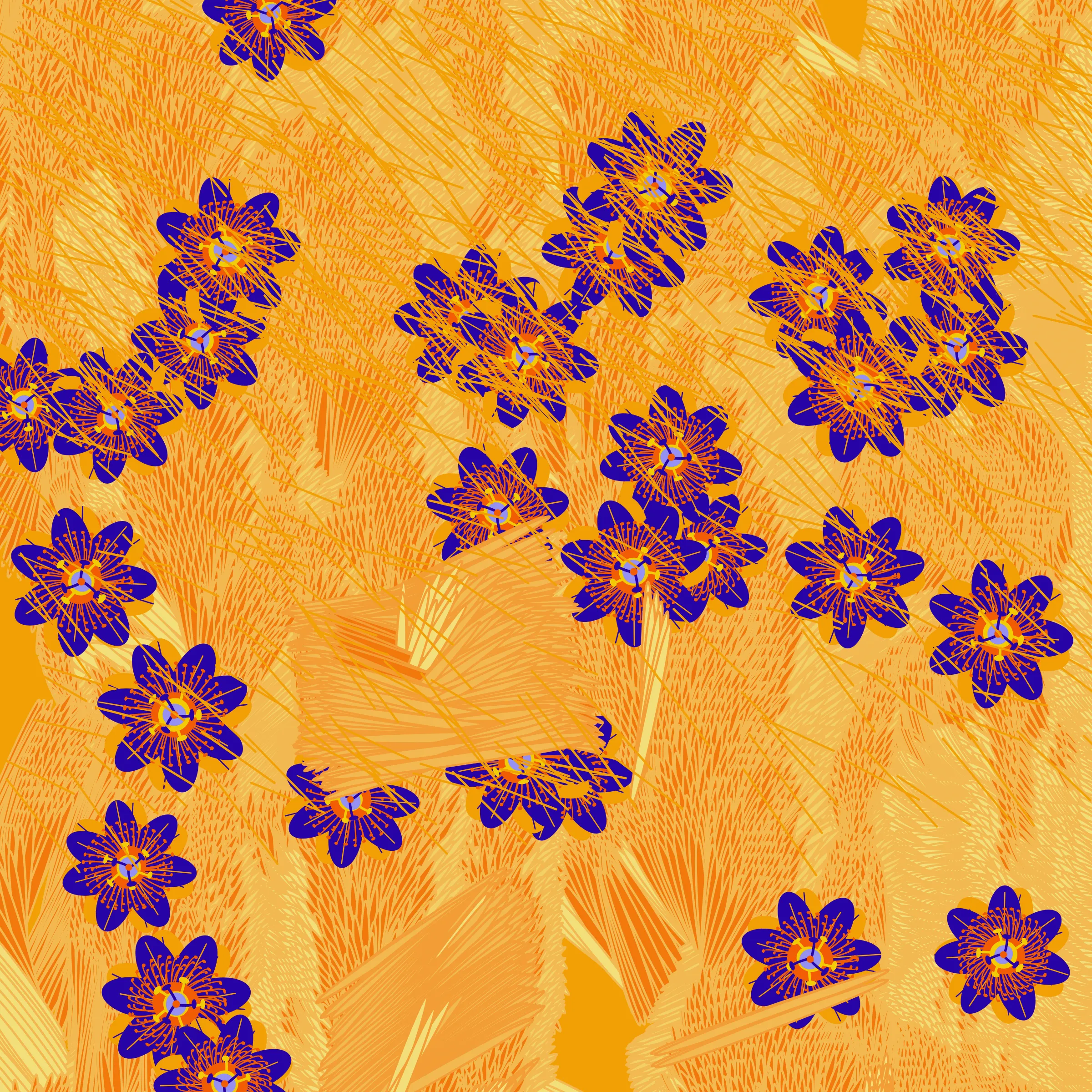 “Fragments of an infinite field” is a compositional system in which an idealized plant species is generated and arranged in a potentially infinite field of foliage. The main environmental parameter of the composition is the determination of a season of the year. The season determines the landscape’s colors and defines specific phenomena for each of them, such as rain in summer, snow in winter, petals falling in autumn, and pollen in spring. The flower has several possible variables, which can be macro aspects, affecting the entire population of the species, or micro, affecting each individual of the species differently. For example, the number of petals can be equal in all individuals or not. The number of filaments and other structures of the flower can undergo minor deviations, generating small mutations. The confusion between the figure (plant) and the background (earth, sky, other natural elements) is fascinating from a compositional point of view. The background colors are, most of the time, colors present in the figures, often breaking the boundary between them and, therefore, generating chromatic masses. In this project I also intend to research the following question: How to create parameters that resemble a living organism's growth? In this sense, the project approaches digital morphogenesis and the development of procedural organisms.
