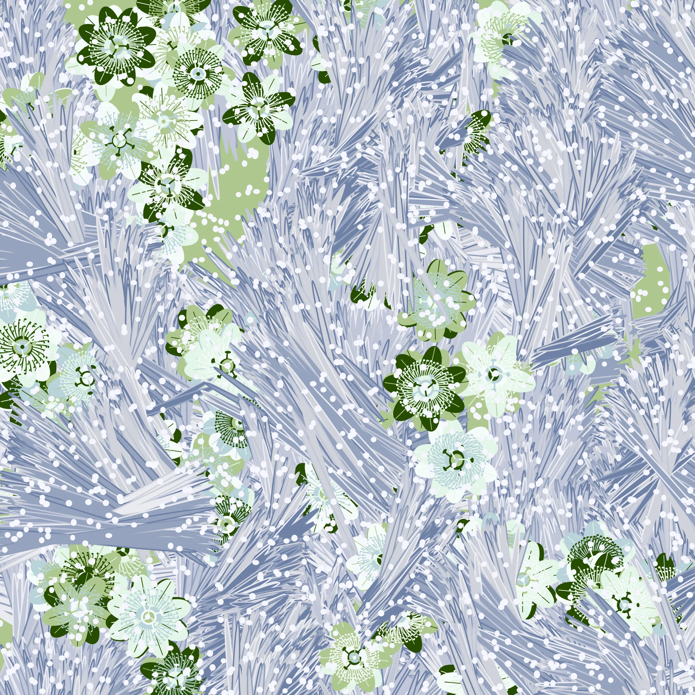 “Fragments of an infinite field” is a compositional system in which an idealized plant species is generated and arranged in a potentially infinite field of foliage. The main environmental parameter of the composition is the determination of a season of the year. The season determines the landscape’s colors and defines specific phenomena for each of them, such as rain in summer, snow in winter, petals falling in autumn, and pollen in spring. The flower has several possible variables, which can be macro aspects, affecting the entire population of the species, or micro, affecting each individual of the species differently. For example, the number of petals can be equal in all individuals or not. The number of filaments and other structures of the flower can undergo minor deviations, generating small mutations. The confusion between the figure (plant) and the background (earth, sky, other natural elements) is fascinating from a compositional point of view. The background colors are, most of the time, colors present in the figures, often breaking the boundary between them and, therefore, generating chromatic masses. In this project I also intend to research the following question: How to create parameters that resemble a living organism's growth? In this sense, the project approaches digital morphogenesis and the development of procedural organisms.