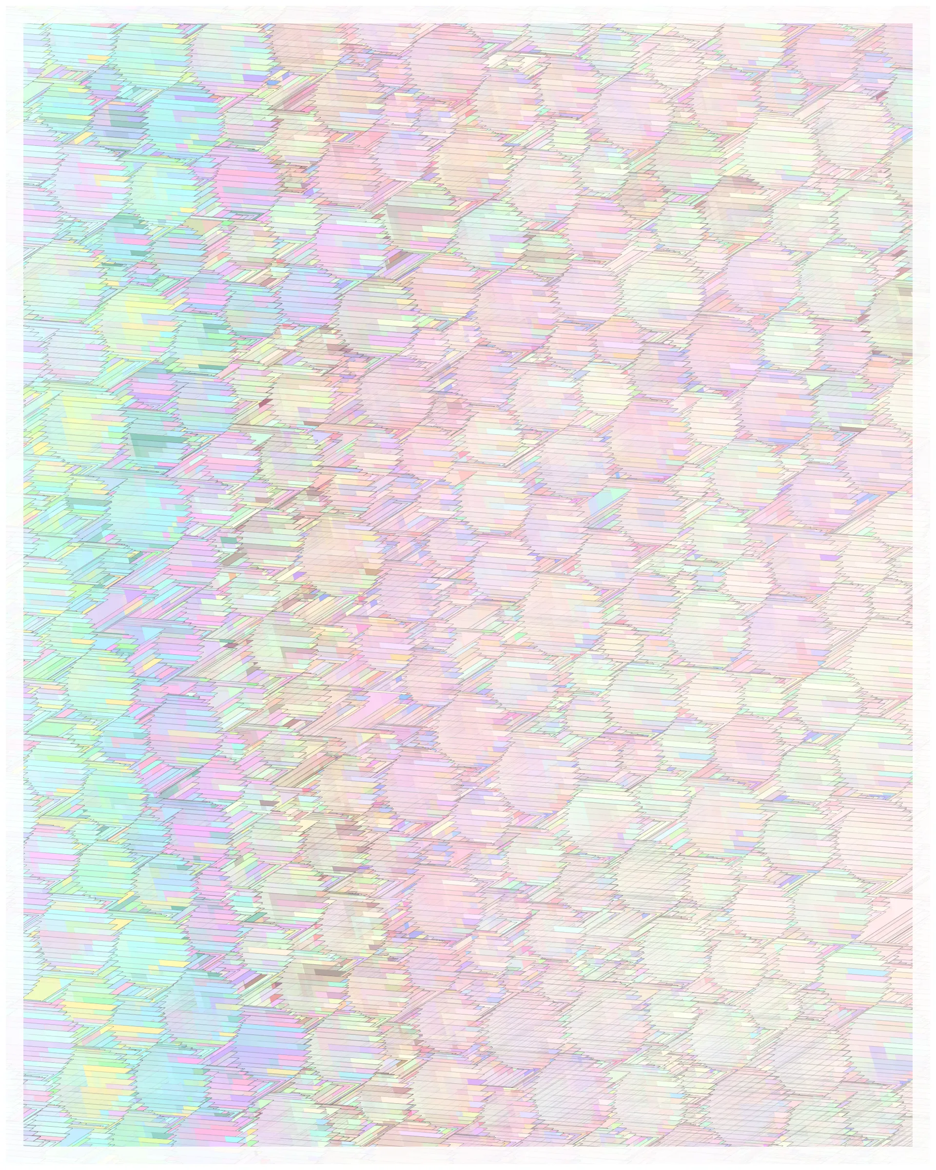 _There are no artifacts. There are only interpretations._

Glass is about the illusion of simplicity that cocoons us in our everyday existence. A glance at Glass may suggest a foam of bubbles or pebbles under clear water. But on inspection, these simple pictures dissolve. Instead of disks one finds stacked panes of translucent glass, intersecting and overlapping. There is dissonance between fine-scale chaos and the harmony of the aggregate. In Glass, two levels of reality -- panes of glass and the foam of bubbles -- are brought close together in scale, so that our oversimplified impression yields a palpable disquiet.

What appears simple is often anything but. Consider a standard wooden desk. To our eyes, it looks solid and continuous, but we know that it is made of atoms, tiny electrons orbiting nuclei. And these subatomic particles are themselves not like miniature solar systems, but creatures of quantum mechanics, stranger than we can imagine. The vast difference in scale between the atomic and the macroscopic hides this complex reality, but fundamentally it is the same phenomenon shown here.

Glass continues my exploration of emergence. While in previous work I explored how simple systems can create complex, emergent forms, here the interest is in the converse: how coherence is often deceptive, masking a complex underlying reality.

Glass draws on the aesthetic of Shin Hanga artists Hiroshi Yoshida and Kawase Hasui, and abstract expressionist Sonja Sekula. In live view, Glass has ambient motion: the shadows evolve, imperceptibly slowly.

The following variations & controls are possible. You may need to click on the canvas before they are active. For a high-resolution output, use the pixel density controls. For example, on a standard laptop, an image saved at pixel density 5 will be approximately 3200 x 4000 pixels, and therefore suitable for printing at ~ 11" x 13" at 300 dpi.

Variations (require redrawing):

f -- fit-to-screen on/off
o -- outline on/off

Controls:

s   -- save as png
spacebar  -- pause/unpause ( useful to reduce CPU load in Live mode )
b -- border on/off ( useful for printing )
1-9  -- set pixel density (default=2 on retina displays)
+/-  -- increase/decrease pixel density