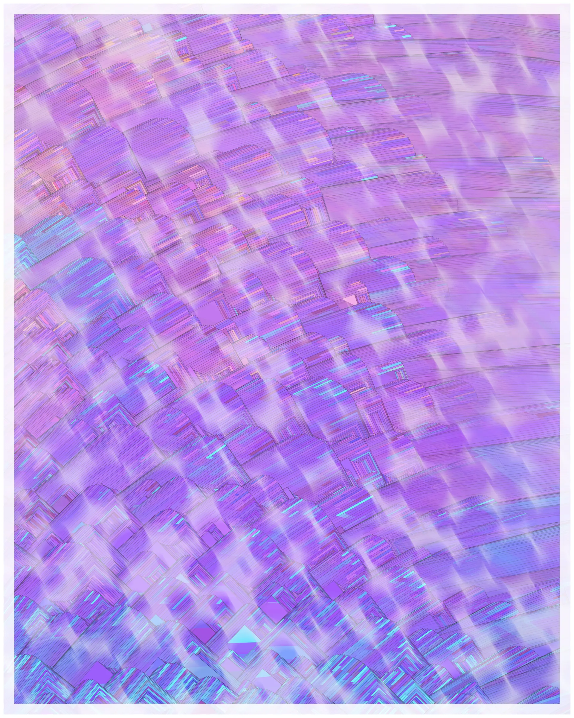 _There are no artifacts. There are only interpretations._

Glass is about the illusion of simplicity that cocoons us in our everyday existence. A glance at Glass may suggest a foam of bubbles or pebbles under clear water. But on inspection, these simple pictures dissolve. Instead of disks one finds stacked panes of translucent glass, intersecting and overlapping. There is dissonance between fine-scale chaos and the harmony of the aggregate. In Glass, two levels of reality -- panes of glass and the foam of bubbles -- are brought close together in scale, so that our oversimplified impression yields a palpable disquiet.

What appears simple is often anything but. Consider a standard wooden desk. To our eyes, it looks solid and continuous, but we know that it is made of atoms, tiny electrons orbiting nuclei. And these subatomic particles are themselves not like miniature solar systems, but creatures of quantum mechanics, stranger than we can imagine. The vast difference in scale between the atomic and the macroscopic hides this complex reality, but fundamentally it is the same phenomenon shown here.

Glass continues my exploration of emergence. While in previous work I explored how simple systems can create complex, emergent forms, here the interest is in the converse: how coherence is often deceptive, masking a complex underlying reality.

Glass draws on the aesthetic of Shin Hanga artists Hiroshi Yoshida and Kawase Hasui, and abstract expressionist Sonja Sekula. In live view, Glass has ambient motion: the shadows evolve, imperceptibly slowly.

The following variations & controls are possible. You may need to click on the canvas before they are active. For a high-resolution output, use the pixel density controls. For example, on a standard laptop, an image saved at pixel density 5 will be approximately 3200 x 4000 pixels, and therefore suitable for printing at ~ 11" x 13" at 300 dpi.

Variations (require redrawing):

f -- fit-to-screen on/off
o -- outline on/off

Controls:

s   -- save as png
spacebar  -- pause/unpause ( useful to reduce CPU load in Live mode )
b -- border on/off ( useful for printing )
1-9  -- set pixel density (default=2 on retina displays)
+/-  -- increase/decrease pixel density