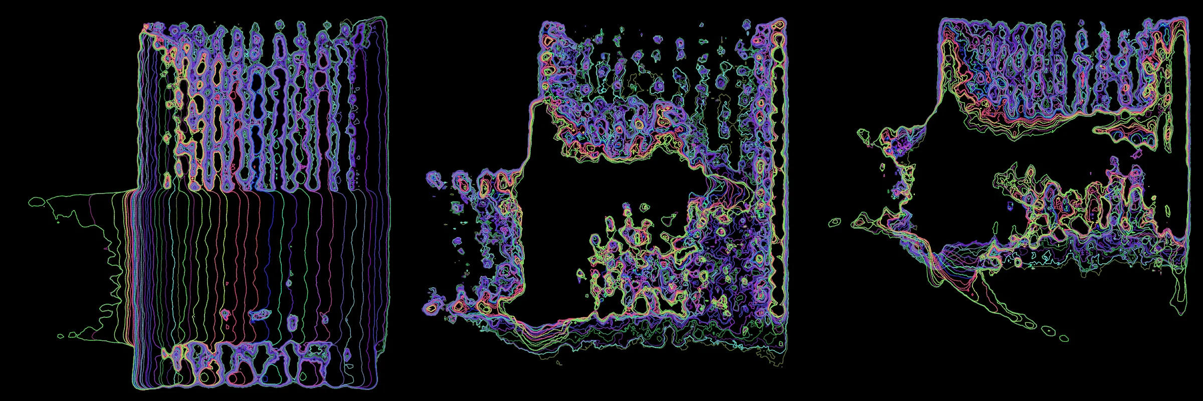 Primordial presents forms as diverse as those found in the natural world. The emergent system powering Primordial is capable of generating this diversity but is hard to control. After the initial generation there is a curation step; forms must meet certain criteria or the algorithm replaces them.

The forms produced by Primordial are presented in a triptych, as comparing multiple outputs is fundamental to understanding a generative algorithm. Primordial attempts to generate triptychs where the individual forms are related, and the results can be surprisingly harmonious or discordant.

Once the triptych is finalized, click on one of the forms to redraw a previous image. Press s to save the entire triptych, or 1-3 to save an individual image.