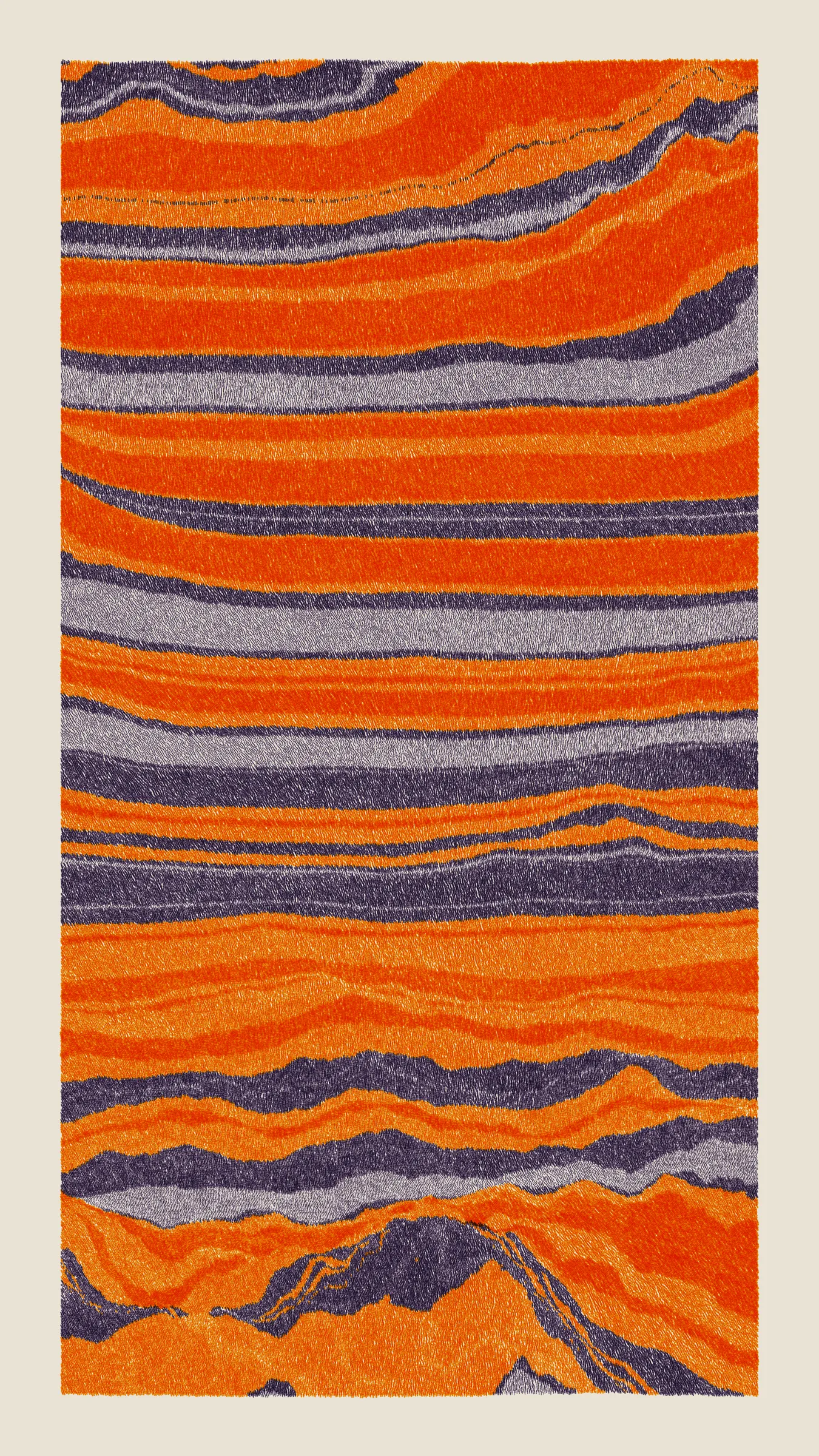 Stratified landforms constructed from many small strokes of colour. The hash of each token describes a coordinate within a multidimensional generative space, locating a unique composition that lies along one of many possible longitudes.