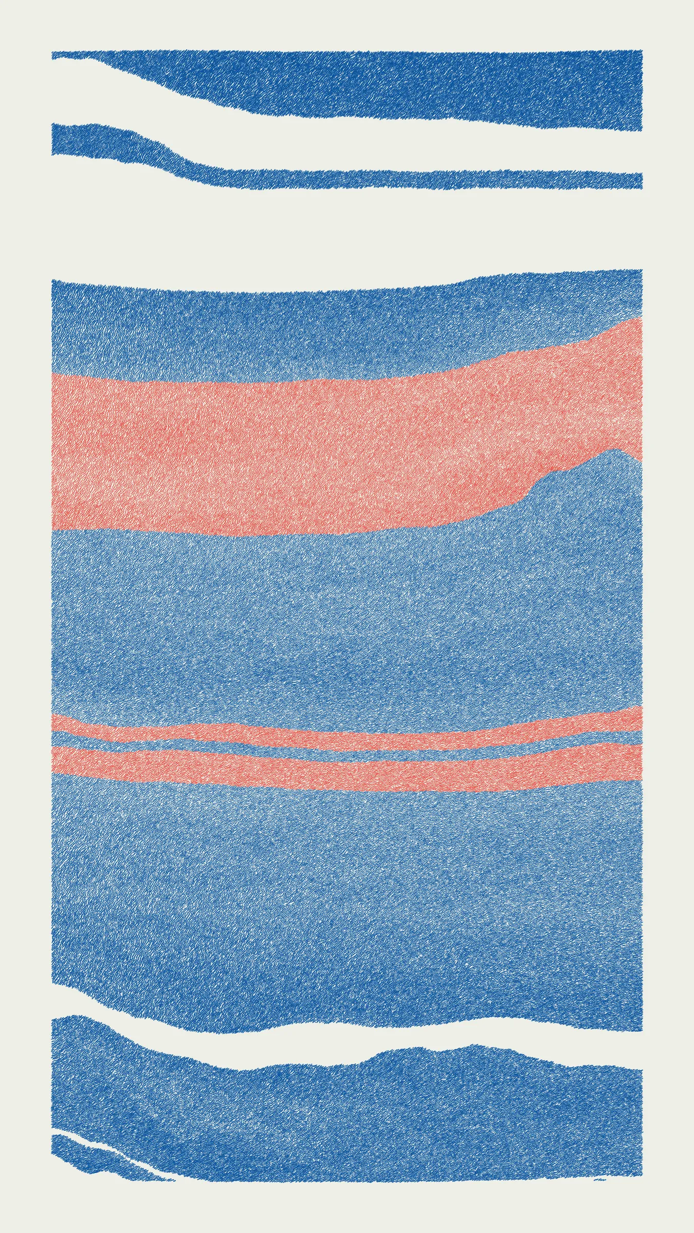 Stratified landforms constructed from many small strokes of colour. The hash of each token describes a coordinate within a multidimensional generative space, locating a unique composition that lies along one of many possible longitudes.