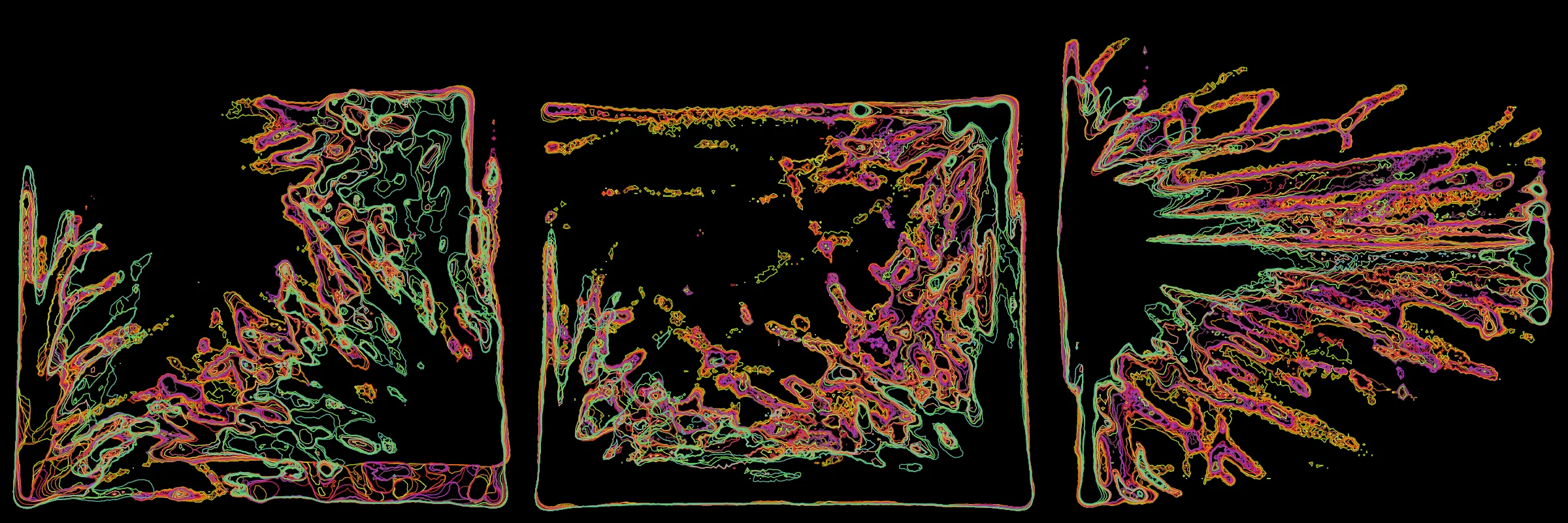 Primordial presents forms as diverse as those found in the natural world. The emergent system powering Primordial is capable of generating this diversity but is hard to control. After the initial generation there is a curation step; forms must meet certain criteria or the algorithm replaces them.

The forms produced by Primordial are presented in a triptych, as comparing multiple outputs is fundamental to understanding a generative algorithm. Primordial attempts to generate triptychs where the individual forms are related, and the results can be surprisingly harmonious or discordant.

Once the triptych is finalized, click on one of the forms to redraw a previous image. Press s to save the entire triptych, or 1-3 to save an individual image.