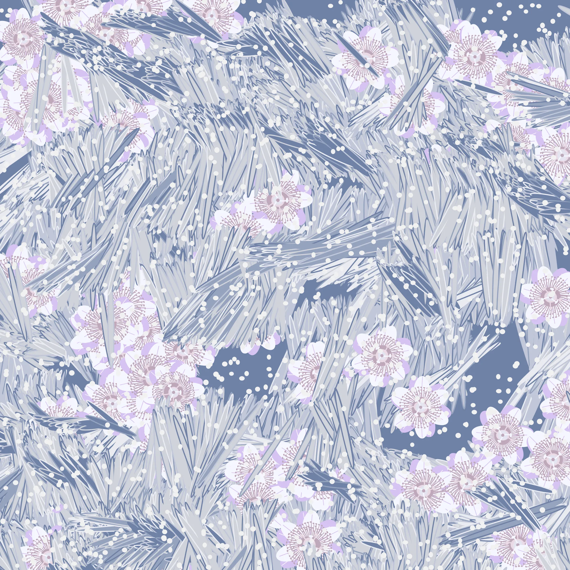 “Fragments of an infinite field” is a compositional system in which an idealized plant species is generated and arranged in a potentially infinite field of foliage. The main environmental parameter of the composition is the determination of a season of the year. The season determines the landscape’s colors and defines specific phenomena for each of them, such as rain in summer, snow in winter, petals falling in autumn, and pollen in spring. The flower has several possible variables, which can be macro aspects, affecting the entire population of the species, or micro, affecting each individual of the species differently. For example, the number of petals can be equal in all individuals or not. The number of filaments and other structures of the flower can undergo minor deviations, generating small mutations. The confusion between the figure (plant) and the background (earth, sky, other natural elements) is fascinating from a compositional point of view. The background colors are, most of the time, colors present in the figures, often breaking the boundary between them and, therefore, generating chromatic masses. In this project I also intend to research the following question: How to create parameters that resemble a living organism's growth? In this sense, the project approaches digital morphogenesis and the development of procedural organisms.