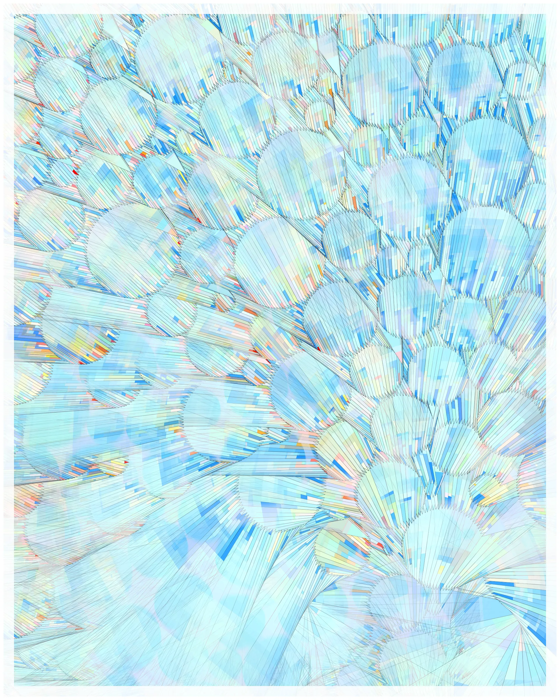 _There are no artifacts. There are only interpretations._

Glass is about the illusion of simplicity that cocoons us in our everyday existence. A glance at Glass may suggest a foam of bubbles or pebbles under clear water. But on inspection, these simple pictures dissolve. Instead of disks one finds stacked panes of translucent glass, intersecting and overlapping. There is dissonance between fine-scale chaos and the harmony of the aggregate. In Glass, two levels of reality -- panes of glass and the foam of bubbles -- are brought close together in scale, so that our oversimplified impression yields a palpable disquiet.

What appears simple is often anything but. Consider a standard wooden desk. To our eyes, it looks solid and continuous, but we know that it is made of atoms, tiny electrons orbiting nuclei. And these subatomic particles are themselves not like miniature solar systems, but creatures of quantum mechanics, stranger than we can imagine. The vast difference in scale between the atomic and the macroscopic hides this complex reality, but fundamentally it is the same phenomenon shown here.

Glass continues my exploration of emergence. While in previous work I explored how simple systems can create complex, emergent forms, here the interest is in the converse: how coherence is often deceptive, masking a complex underlying reality.

Glass draws on the aesthetic of Shin Hanga artists Hiroshi Yoshida and Kawase Hasui, and abstract expressionist Sonja Sekula. In live view, Glass has ambient motion: the shadows evolve, imperceptibly slowly.

The following variations & controls are possible. You may need to click on the canvas before they are active. For a high-resolution output, use the pixel density controls. For example, on a standard laptop, an image saved at pixel density 5 will be approximately 3200 x 4000 pixels, and therefore suitable for printing at ~ 11" x 13" at 300 dpi.

Variations (require redrawing):

f -- fit-to-screen on/off
o -- outline on/off

Controls:

s   -- save as png
spacebar  -- pause/unpause ( useful to reduce CPU load in Live mode )
b -- border on/off ( useful for printing )
1-9  -- set pixel density (default=2 on retina displays)
+/-  -- increase/decrease pixel density