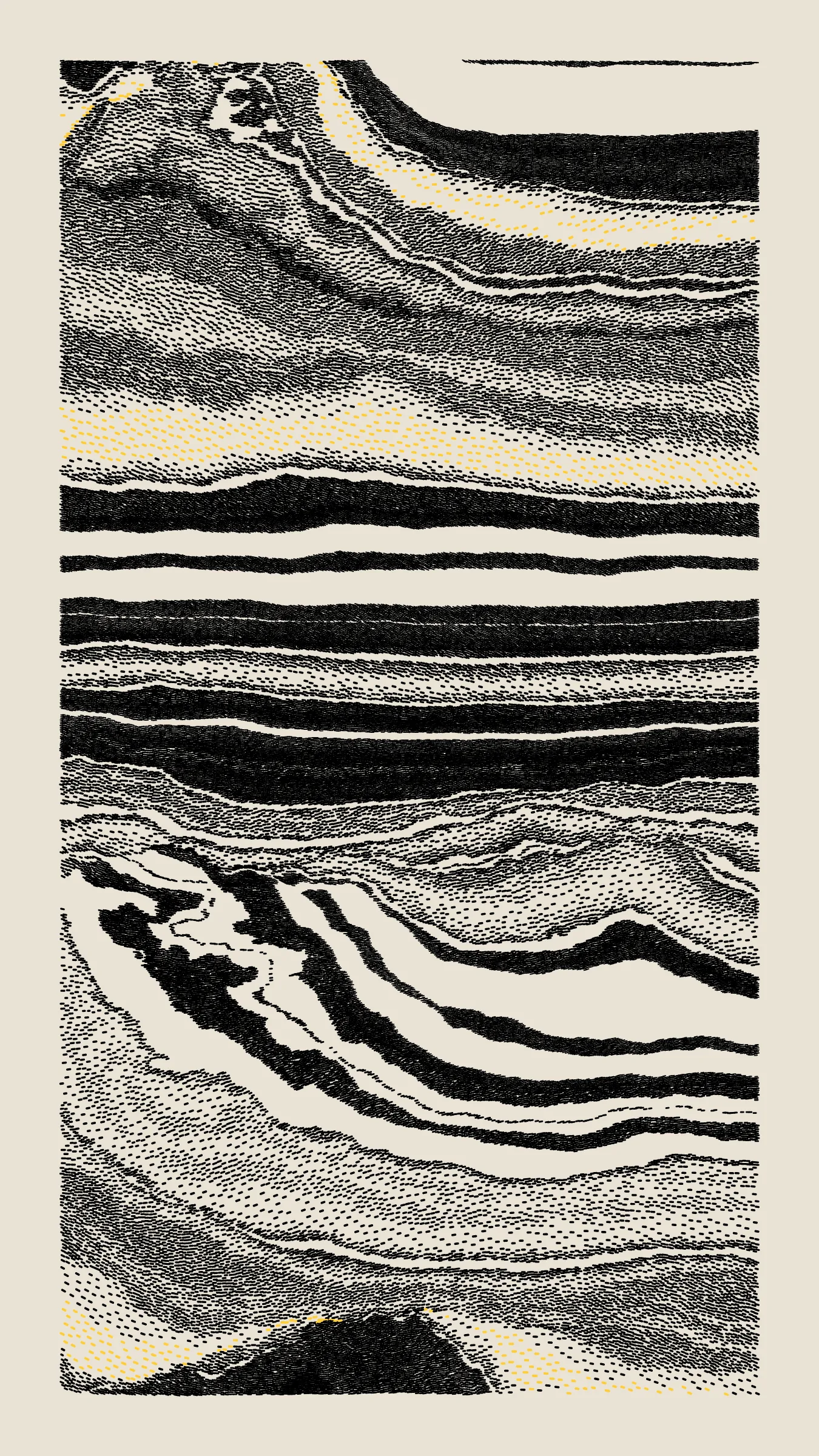 Stratified landforms constructed from many small strokes of colour. The hash of each token describes a coordinate within a multidimensional generative space, locating a unique composition that lies along one of many possible longitudes.