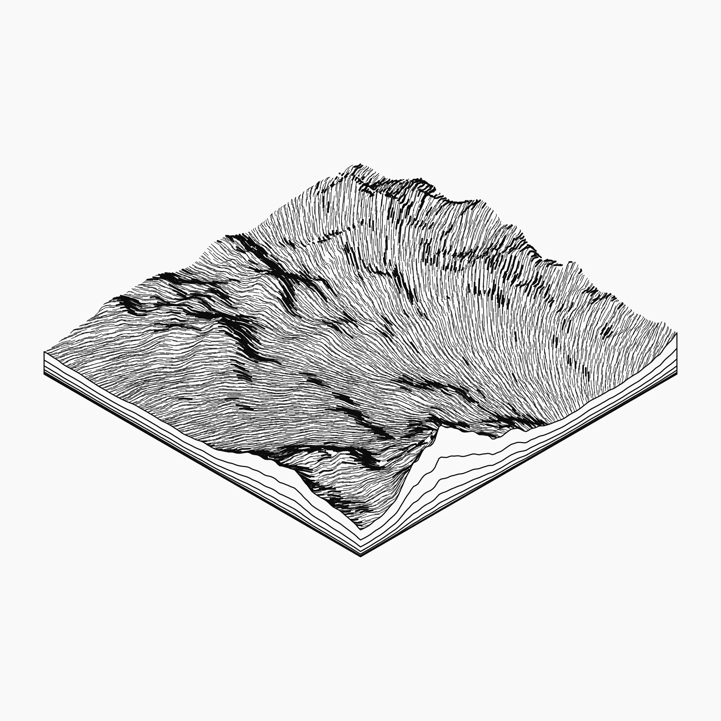 A generative algorithm that draws the impression of a landscape from a multitude of possibilities. The unique seed from each token drives the parametric assortment of lines, colors, and forms into a constructed composition.