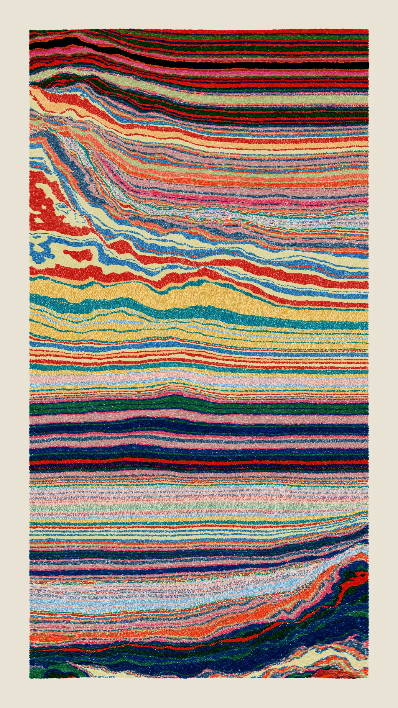 Stratified landforms constructed from many small strokes of colour. The hash of each token describes a coordinate within a multidimensional generative space, locating a unique composition that lies along one of many possible longitudes.