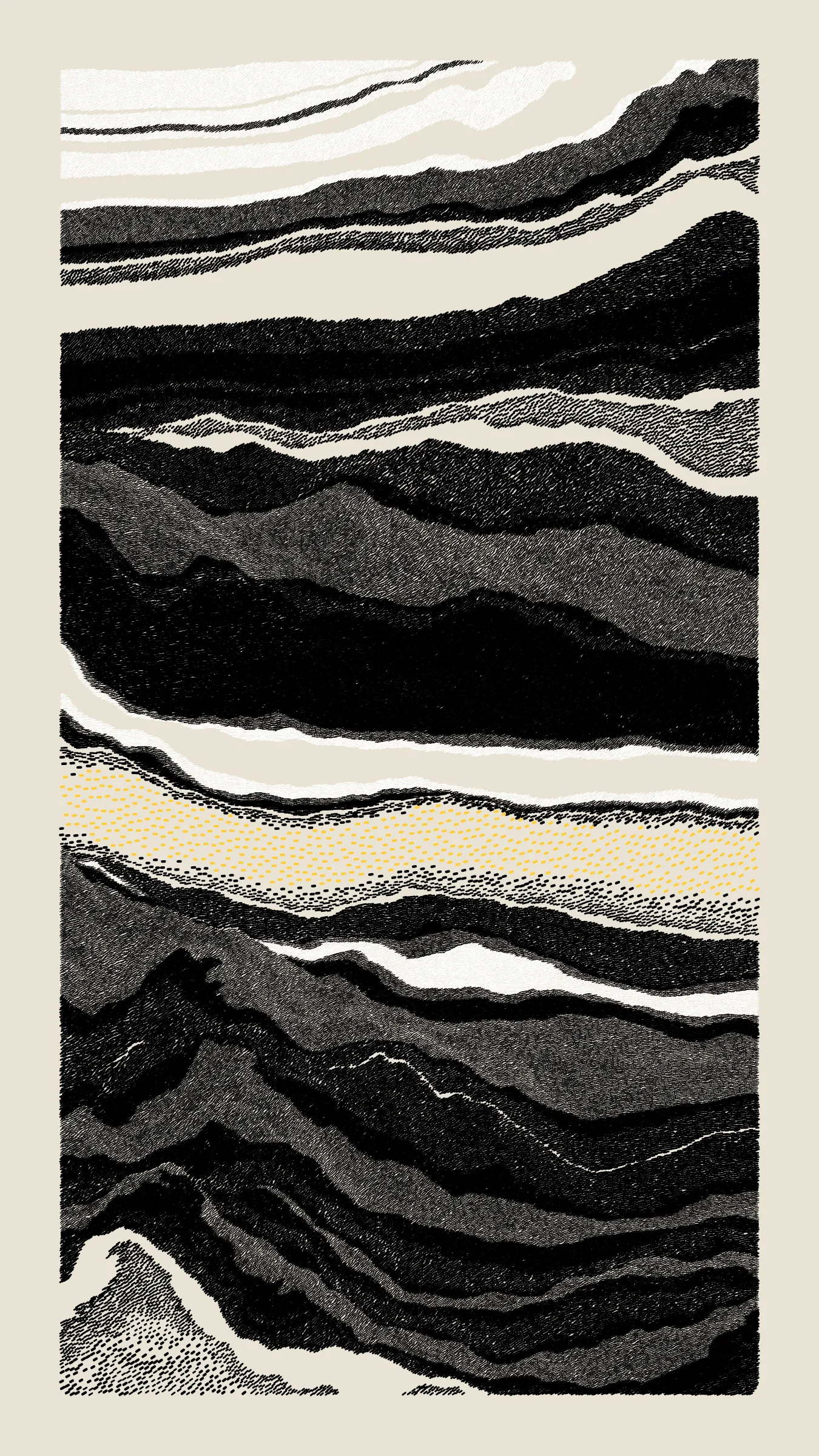 Stratified landforms constructed from many small strokes of colour. The hash of each token describes a coordinate within a multidimensional generative space, locating a unique composition that lies along one of many possible longitudes.