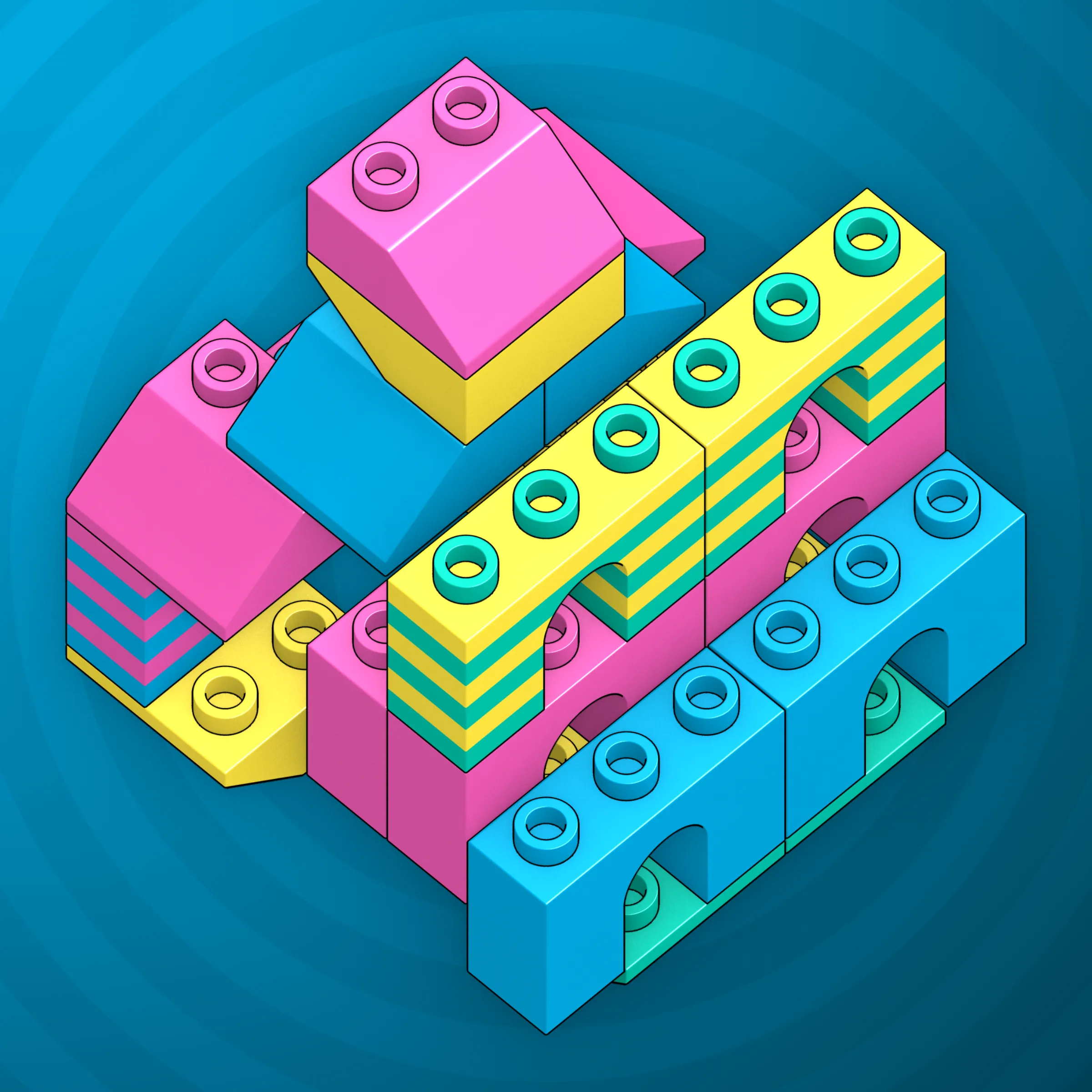 The project focuses on how easily one assigns meaning to seemingly random combinations of blocks, giving them personality and creating emotional connections.

I was inspired by Ringers, in which people see animals and other characters. I wanted to amplify this quality, and the idea of sculptures made of blocks clicked! Endless combinations, funny characters, and my passion for cubes, voxels, and modular systems.

To make the sculptures, I used technique of hybrid voxel raymarching, so we can say, the sculptures are made of colored void in a reflected space. Some of them may seem impossible due to the lack of perspective, but sooner or later it all clicks! It helps to keep in mind that all shapes are symmetrical.

The script uses modern features of GPU so it's supposed to work only on desktop: Chrome, Firefox or Safari