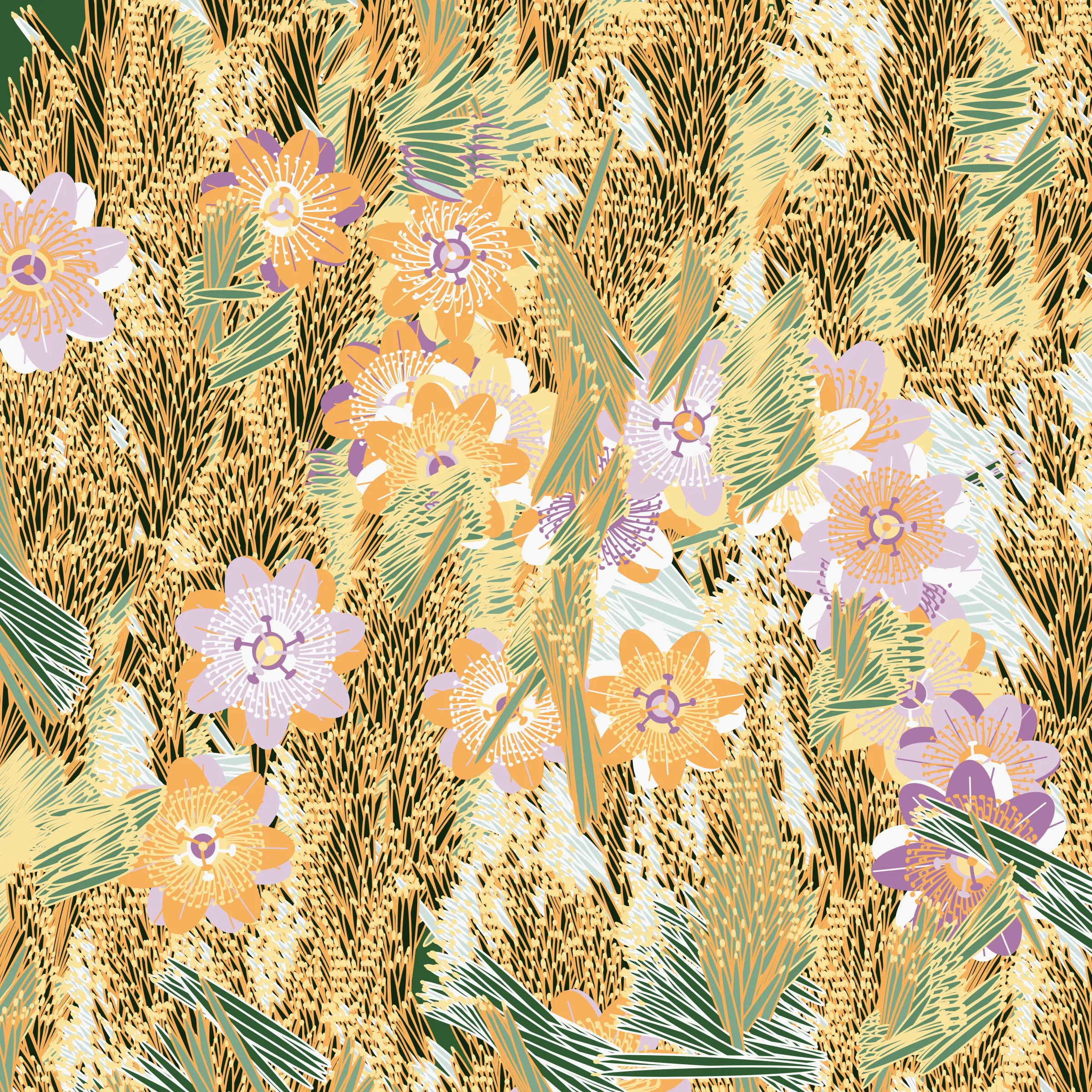 “Fragments of an infinite field” is a compositional system in which an idealized plant species is generated and arranged in a potentially infinite field of foliage. The main environmental parameter of the composition is the determination of a season of the year. The season determines the landscape’s colors and defines specific phenomena for each of them, such as rain in summer, snow in winter, petals falling in autumn, and pollen in spring. The flower has several possible variables, which can be macro aspects, affecting the entire population of the species, or micro, affecting each individual of the species differently. For example, the number of petals can be equal in all individuals or not. The number of filaments and other structures of the flower can undergo minor deviations, generating small mutations. The confusion between the figure (plant) and the background (earth, sky, other natural elements) is fascinating from a compositional point of view. The background colors are, most of the time, colors present in the figures, often breaking the boundary between them and, therefore, generating chromatic masses. In this project I also intend to research the following question: How to create parameters that resemble a living organism's growth? In this sense, the project approaches digital morphogenesis and the development of procedural organisms.