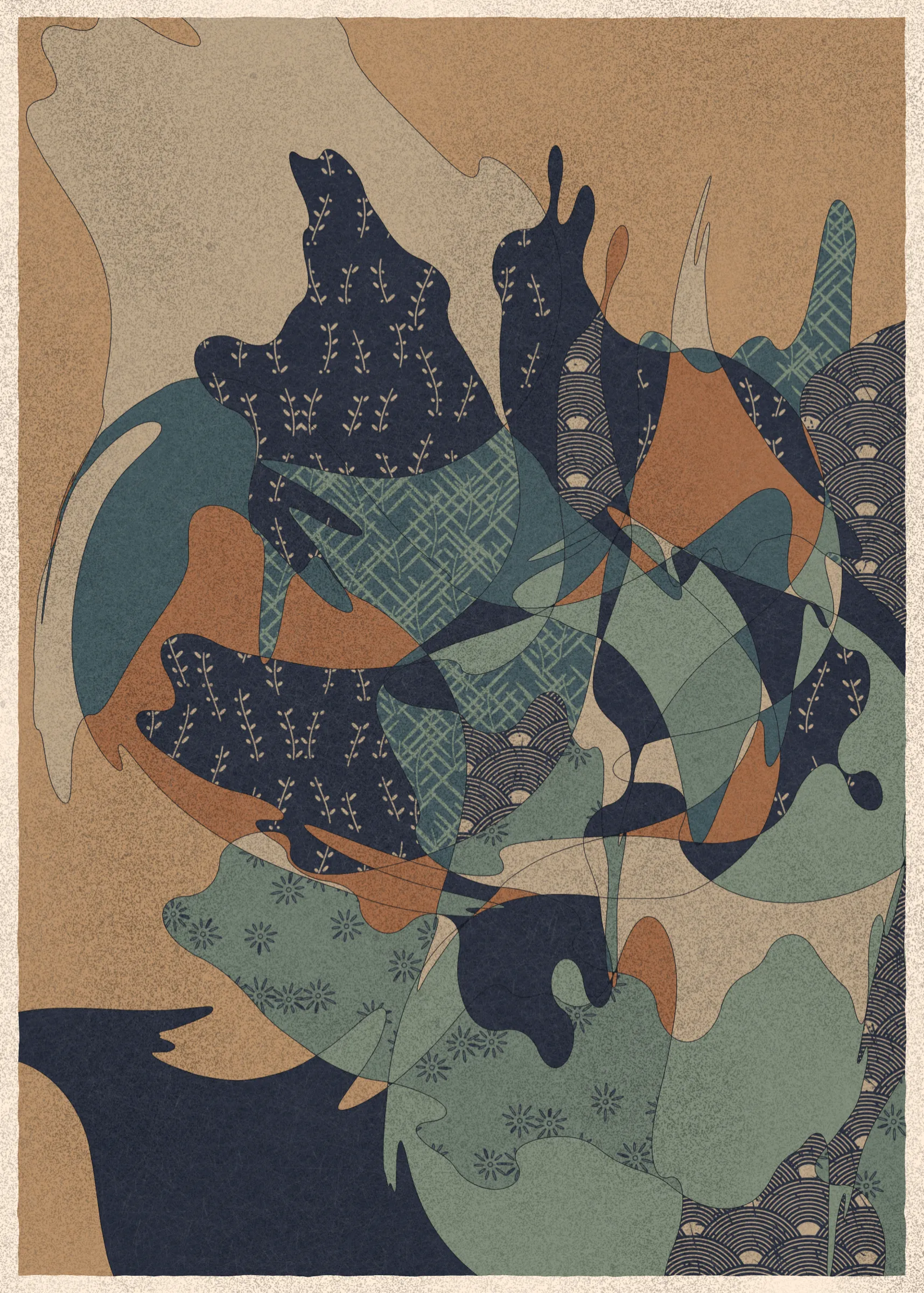 Memories of Qilin is inspired by traditional East Asian art. It channels the sense of movement and fluidity found in classical Chinese brushwork, while drawing from the colors, patterns, and forms of ukiyo-e woodblock prints. 

The series explores elements of folklore, evoking the mythological imagery of dragons, phoenixes, flowers, and mountains.  The title references a fabled chimerical beast found throughout East Asian mythology (while the qilin is its Chinese name, it is also known in Korea as the girin and Japan as the kirin) that represents prosperity and luck.

Viewers are invited to interpret elusive forms that verge on representation. As with the stories passed on through generations, each piece is imagined, organic, and ever-in-flux.