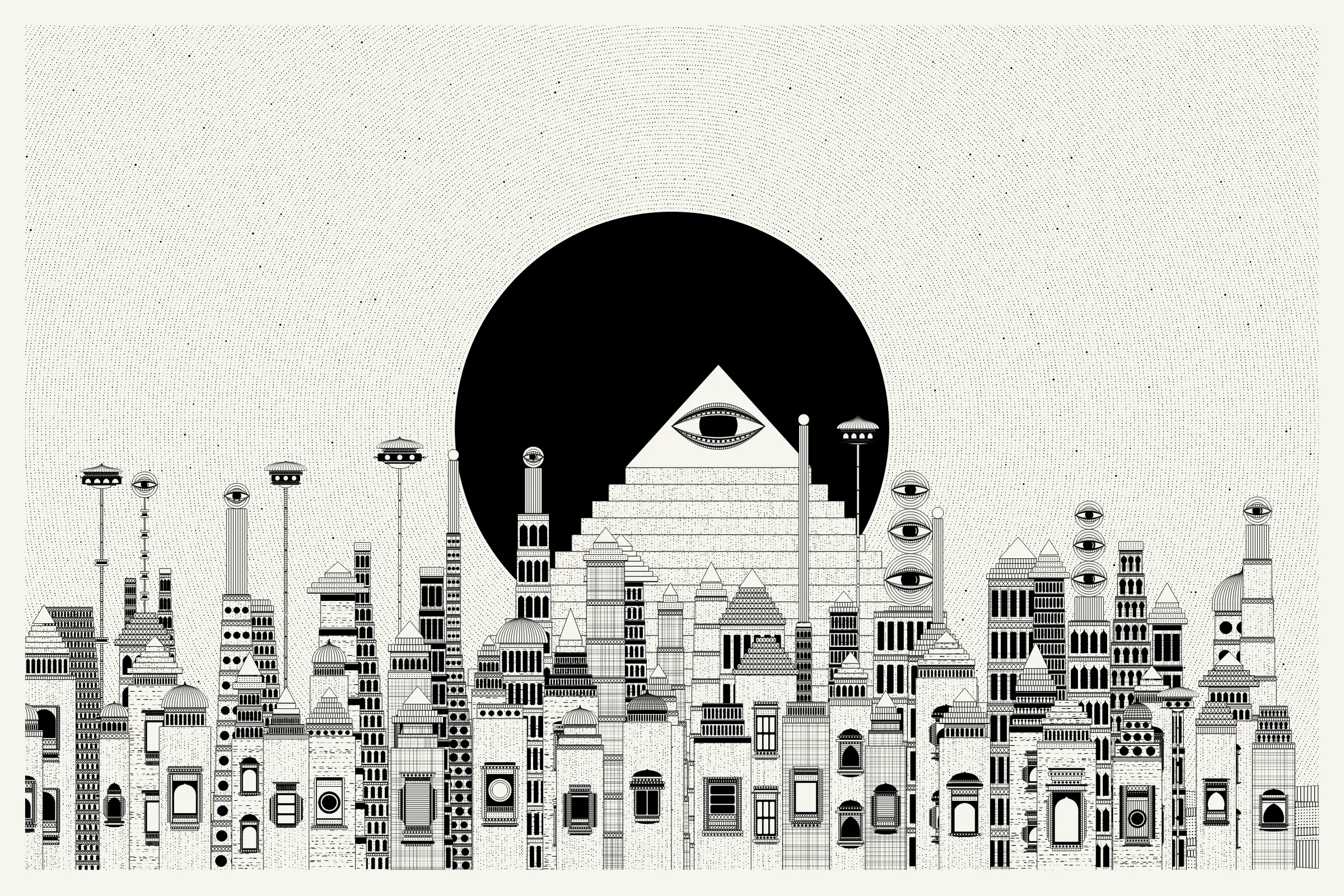 _Alan Ki Aankhen_ is an exploration of other-worldly cityscapes in the visual aesthetic of Fahad’s distinct style with pen and paper. The title, translated as _Alan’s Eyes_, alludes to Alan Turing’s machine intelligence test - a thought experiment foreshadowing a moment in which we can no longer differentiate between the real and the artificial. Though first proposed in 1950, the topic feels especially relevant today, as even our creative practices are being carried by shifting technological tides.

The algorithms and decision-making encoded into this generative art project intentionally imitate Fahad’s approach on traditional mediums - composition rules, textures, and overall themes. The visual elements are inspired by Fahad’s memories from his nomadic life. You’ll find intricate windows from Rajasthan, massive Egyptian pyramids rising from the horizon, a density of civilization only seen in New York, and the moon - a comforting and shared sight no matter where you stand.
