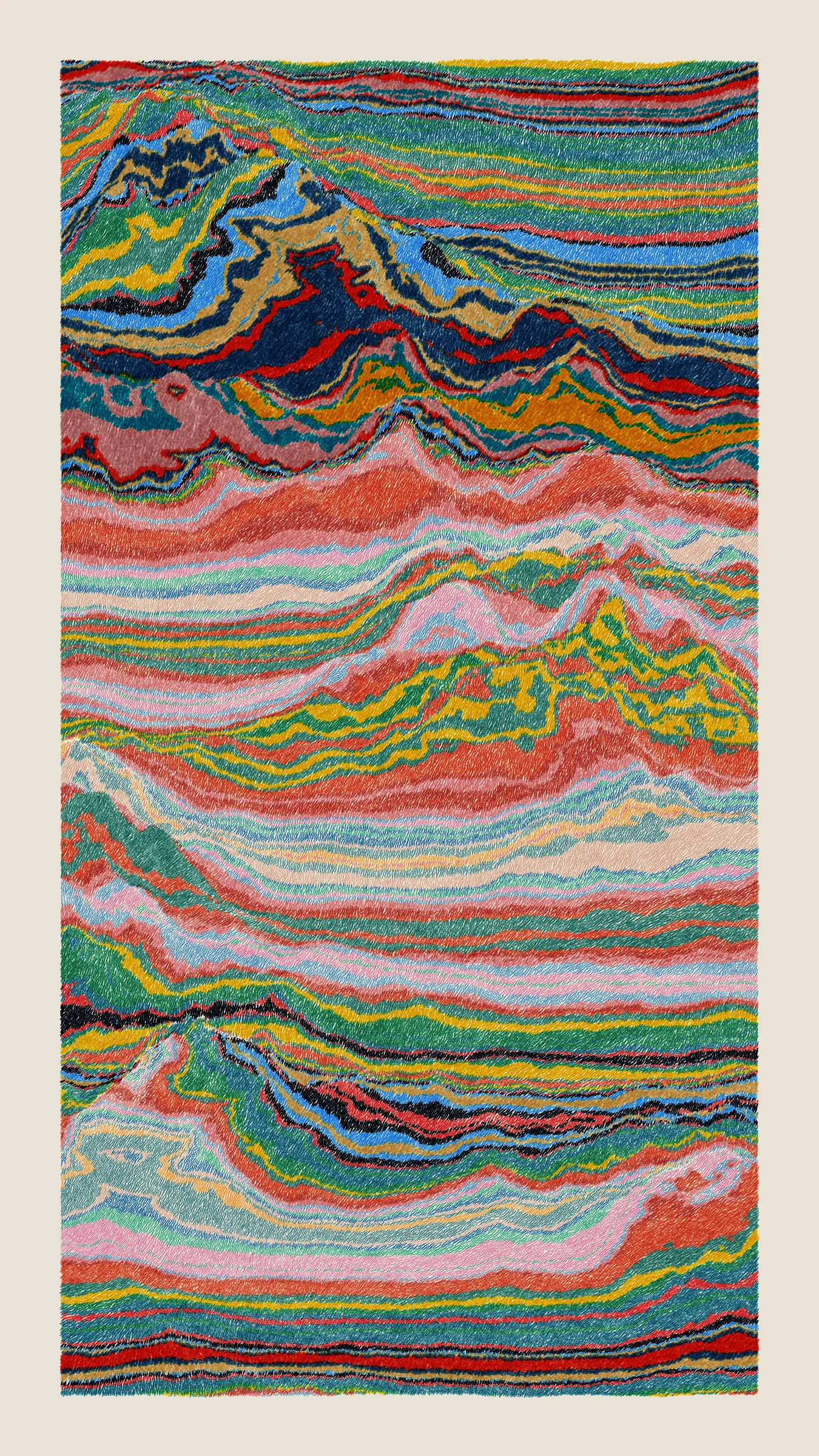 Stratified landforms constructed from many small strokes of colour. The hash of each token describes a coordinate within a multidimensional generative space, locating a unique composition that lies along one of many possible longitudes.