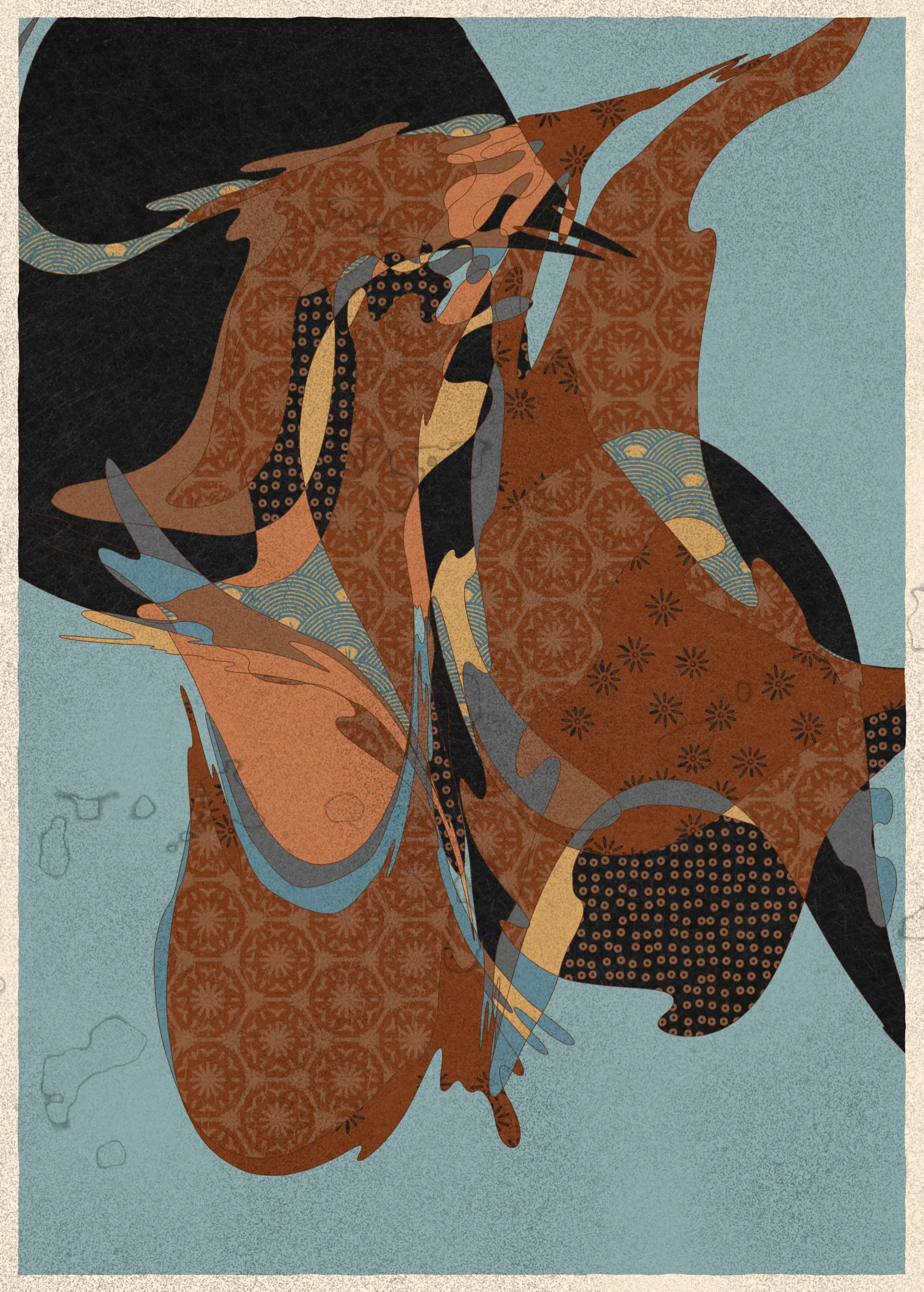 Memories of Qilin is inspired by traditional East Asian art. It channels the sense of movement and fluidity found in classical Chinese brushwork, while drawing from the colors, patterns, and forms of ukiyo-e woodblock prints. 

The series explores elements of folklore, evoking the mythological imagery of dragons, phoenixes, flowers, and mountains.  The title references a fabled chimerical beast found throughout East Asian mythology (while the qilin is its Chinese name, it is also known in Korea as the girin and Japan as the kirin) that represents prosperity and luck.

Viewers are invited to interpret elusive forms that verge on representation. As with the stories passed on through generations, each piece is imagined, organic, and ever-in-flux.