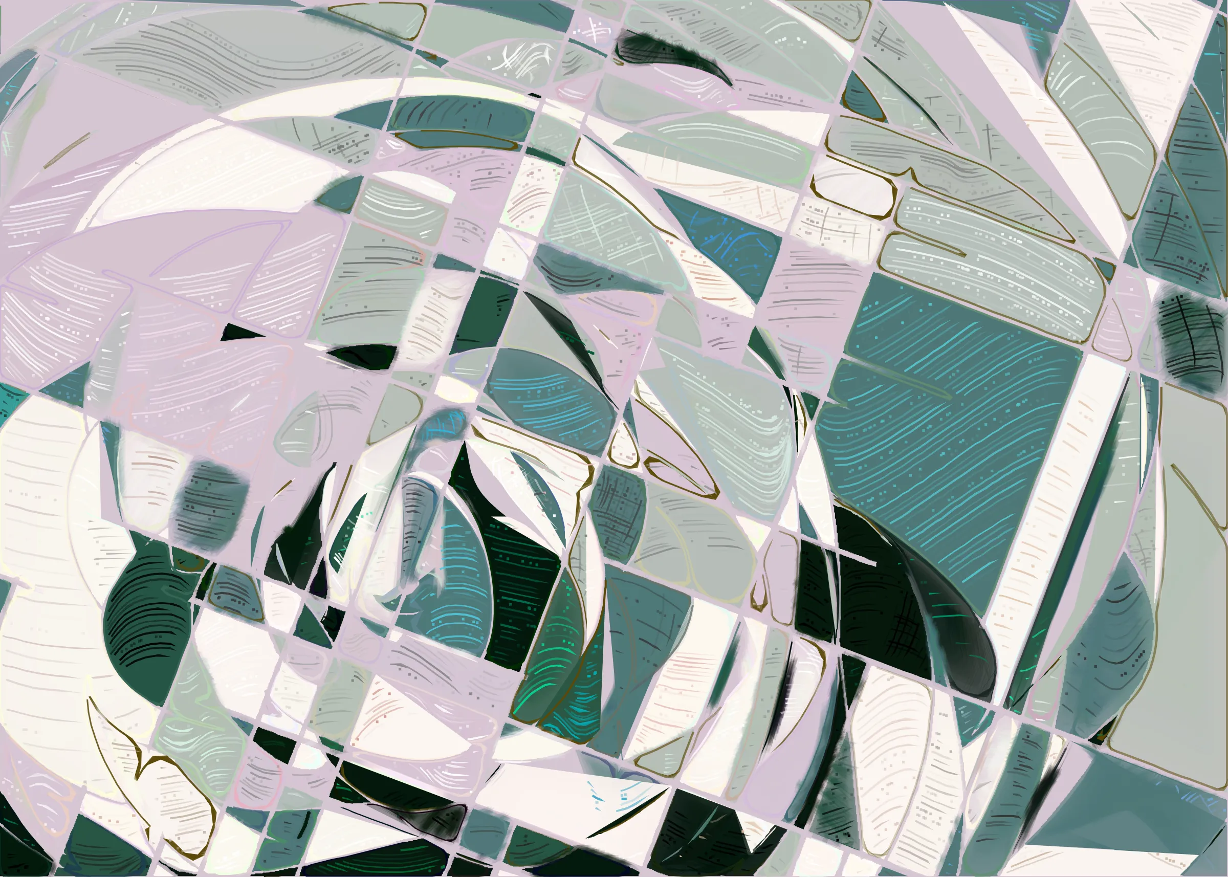 **Running Moon** depicts the nuanced interaction between clouds and moonlight. It is a search for boundaries between structure and fluidity, precision and errors. It is a quest for harmony. 

The rendering of **Running Moon** is inspired by stained glass and watercolor. It captures the sharpness of the glass and the softness of light using abstract forms. As organic shapes gradually expand to fill the space, brush-pen-like stripes solder these pieces together to form intricate compositions.