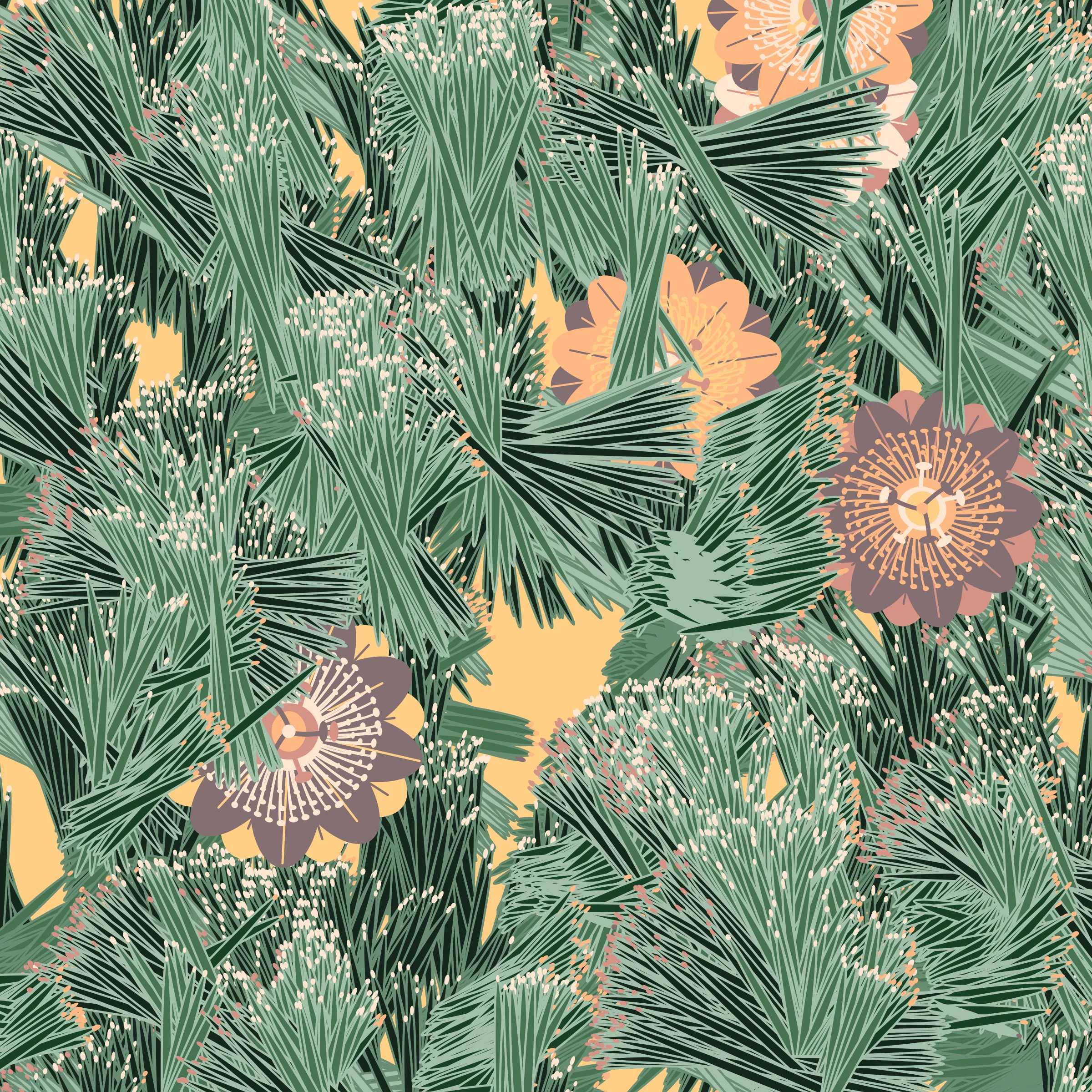 “Fragments of an infinite field” is a compositional system in which an idealized plant species is generated and arranged in a potentially infinite field of foliage. The main environmental parameter of the composition is the determination of a season of the year. The season determines the landscape’s colors and defines specific phenomena for each of them, such as rain in summer, snow in winter, petals falling in autumn, and pollen in spring. The flower has several possible variables, which can be macro aspects, affecting the entire population of the species, or micro, affecting each individual of the species differently. For example, the number of petals can be equal in all individuals or not. The number of filaments and other structures of the flower can undergo minor deviations, generating small mutations. The confusion between the figure (plant) and the background (earth, sky, other natural elements) is fascinating from a compositional point of view. The background colors are, most of the time, colors present in the figures, often breaking the boundary between them and, therefore, generating chromatic masses. In this project I also intend to research the following question: How to create parameters that resemble a living organism's growth? In this sense, the project approaches digital morphogenesis and the development of procedural organisms.