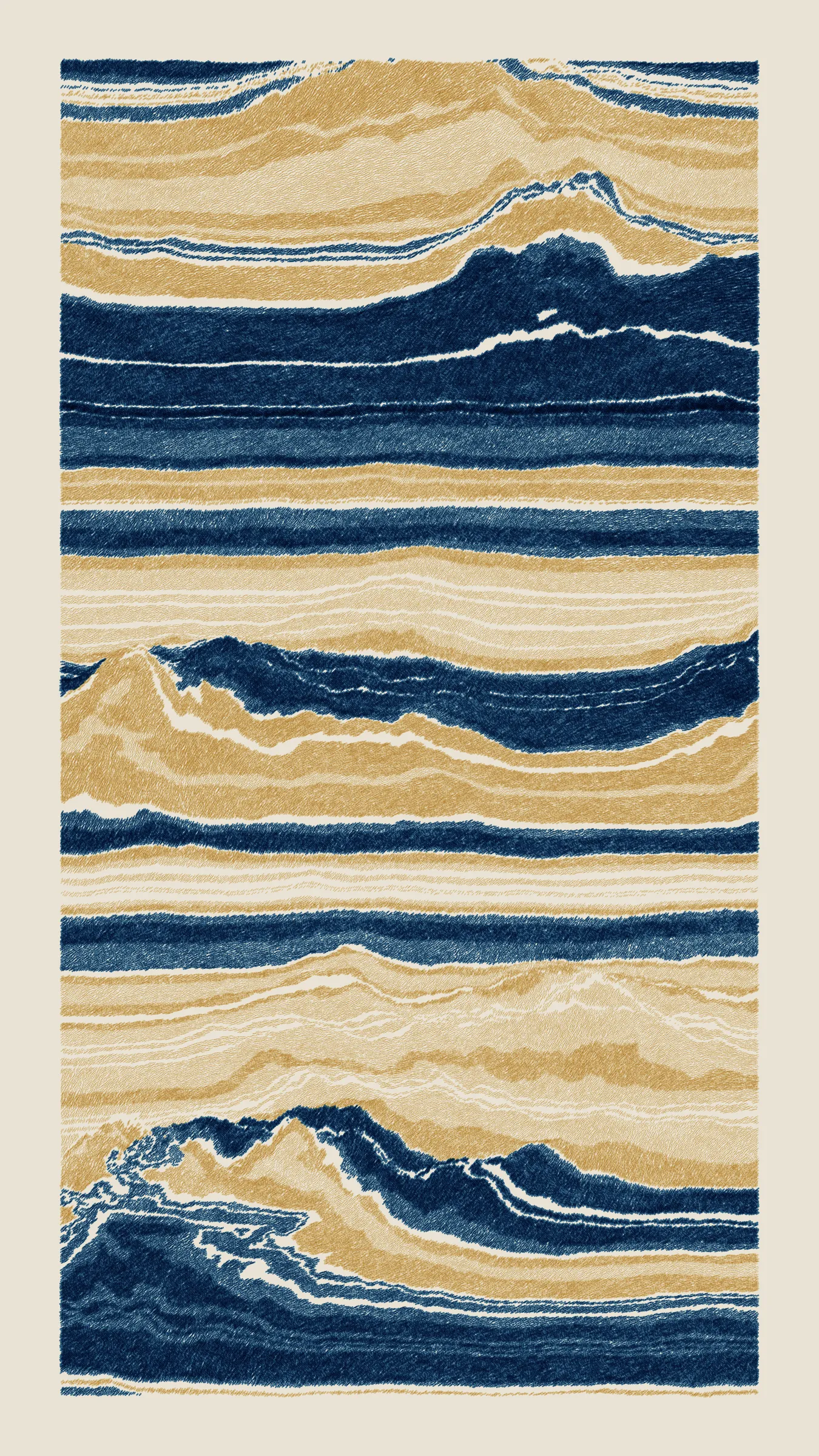 Stratified landforms constructed from many small strokes of colour. The hash of each token describes a coordinate within a multidimensional generative space, locating a unique composition that lies along one of many possible longitudes.