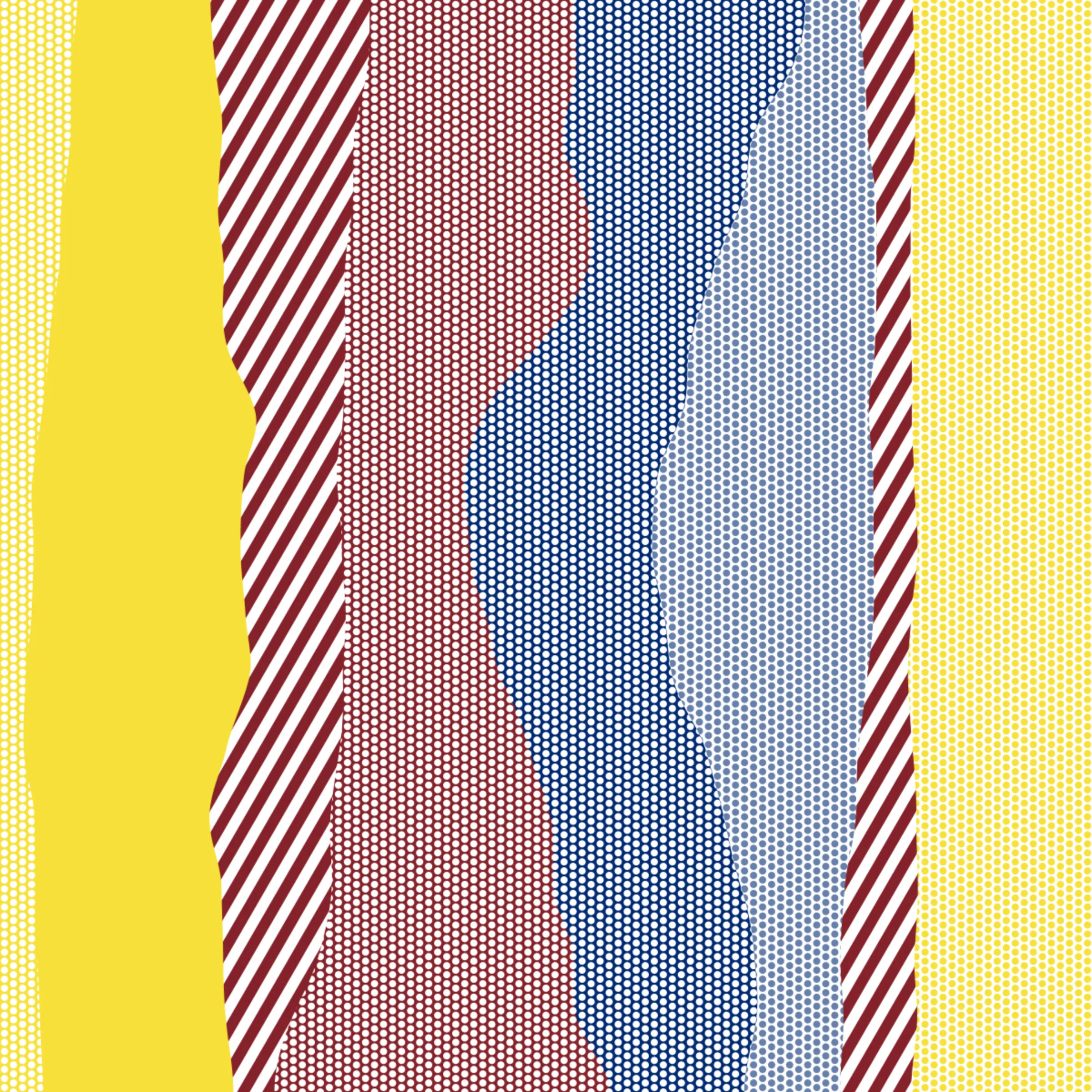 An ode to Roy Lichtenstein, incorporating his iconic version of Ben-Day dots, halftone dots, angled stripes, and solid color patches. Inspired by Roy's sea and landscape paintings, each artwork generates a unique combination of patterns, shapes, and colors.