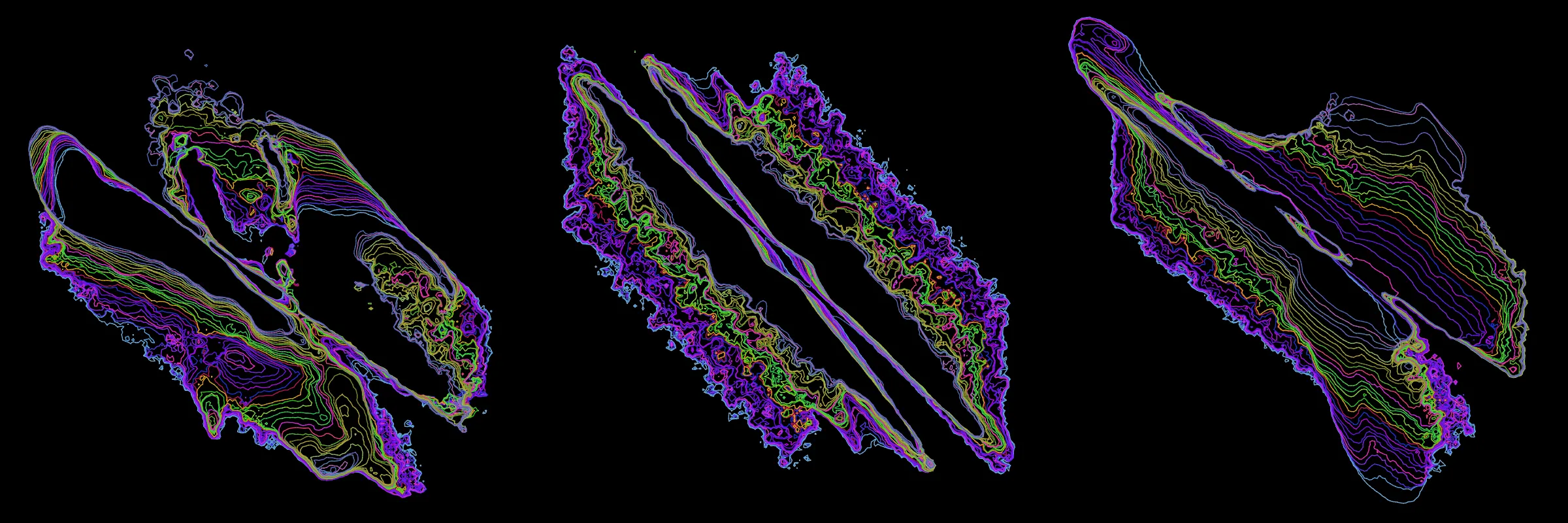 Primordial presents forms as diverse as those found in the natural world. The emergent system powering Primordial is capable of generating this diversity but is hard to control. After the initial generation there is a curation step; forms must meet certain criteria or the algorithm replaces them.

The forms produced by Primordial are presented in a triptych, as comparing multiple outputs is fundamental to understanding a generative algorithm. Primordial attempts to generate triptychs where the individual forms are related, and the results can be surprisingly harmonious or discordant.

Once the triptych is finalized, click on one of the forms to redraw a previous image. Press s to save the entire triptych, or 1-3 to save an individual image.