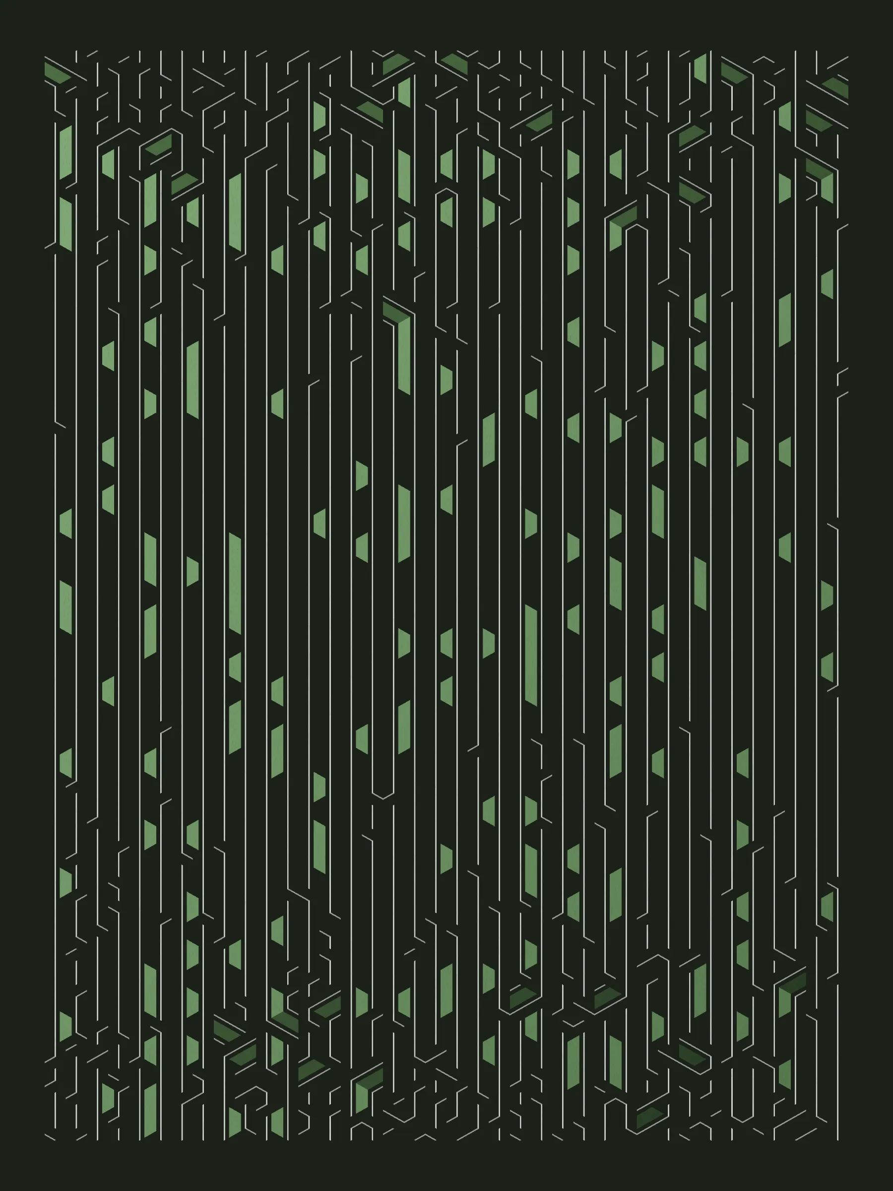 Lines are bent and shaded. There are no wrong turns. 

[Interaction in live view: press 1-7 or left/right arrow keys to see the stages of sketch construction: 1-grid, 2-divide, 3-tile, 4-bend, 5-shade, 6-color, 7-texture].